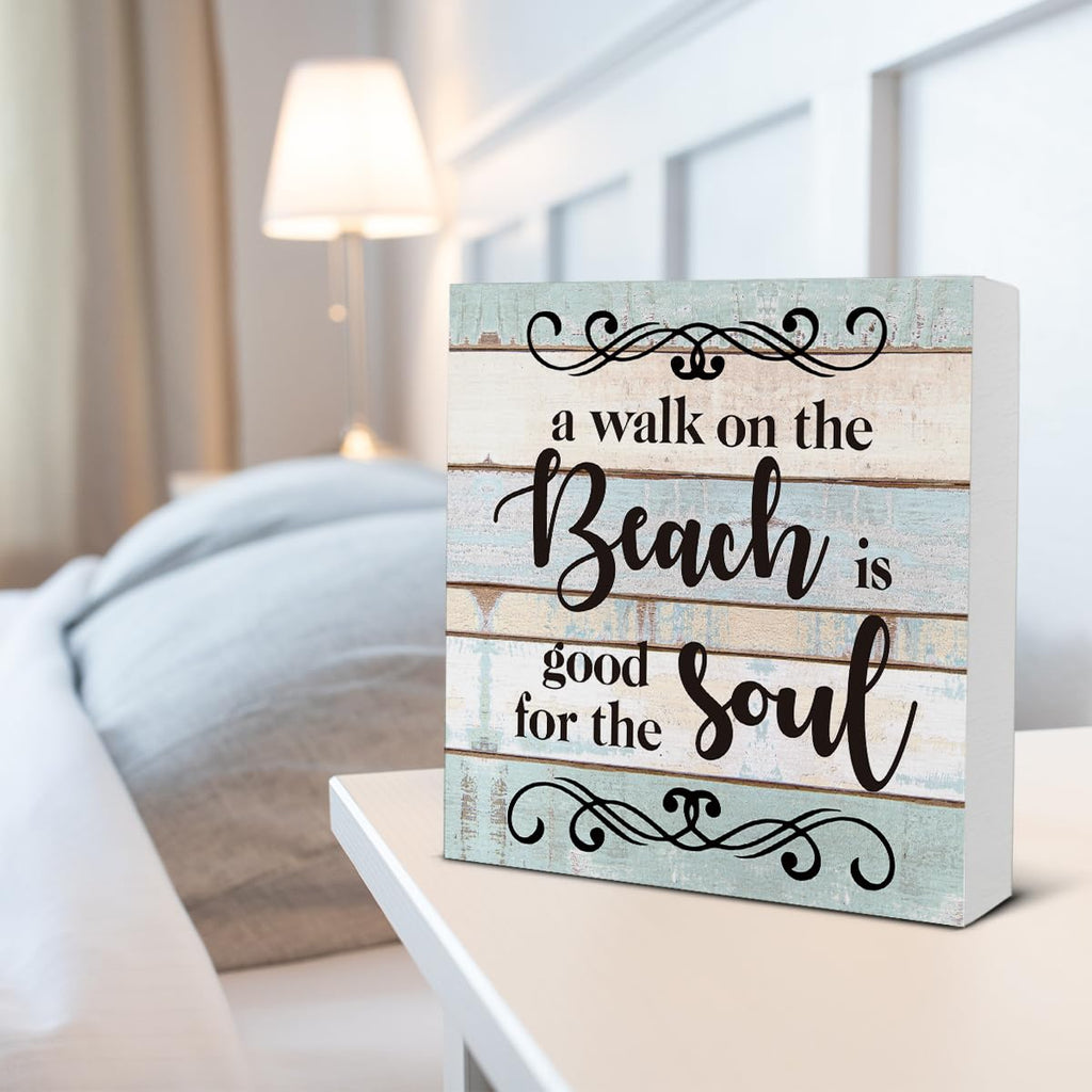 A Walk On The Beach Is Good For The Soul Wooden Box Sign Desk Decor, Beach House Wood Box Sign For Home Shelf Table Decoration 5
