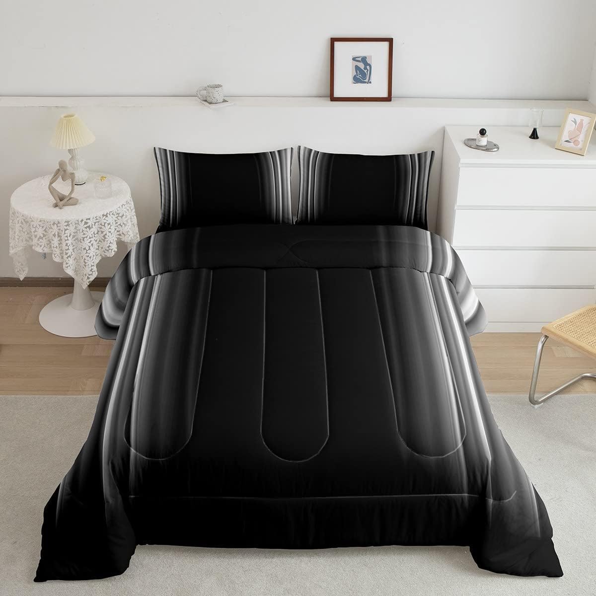 Feelyou Geometric Abstract Ombre Bedding Set Men Adults Teens Grey Gray And Black Striped Comforter Set Kids Boys Girls Simple M