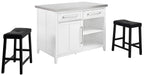 Crosley Furniture Silvia Stainless Steel Top Kitchen Island, Coffee Bar, with a Set of 2 Upholstered Saddle Stools, White/Black