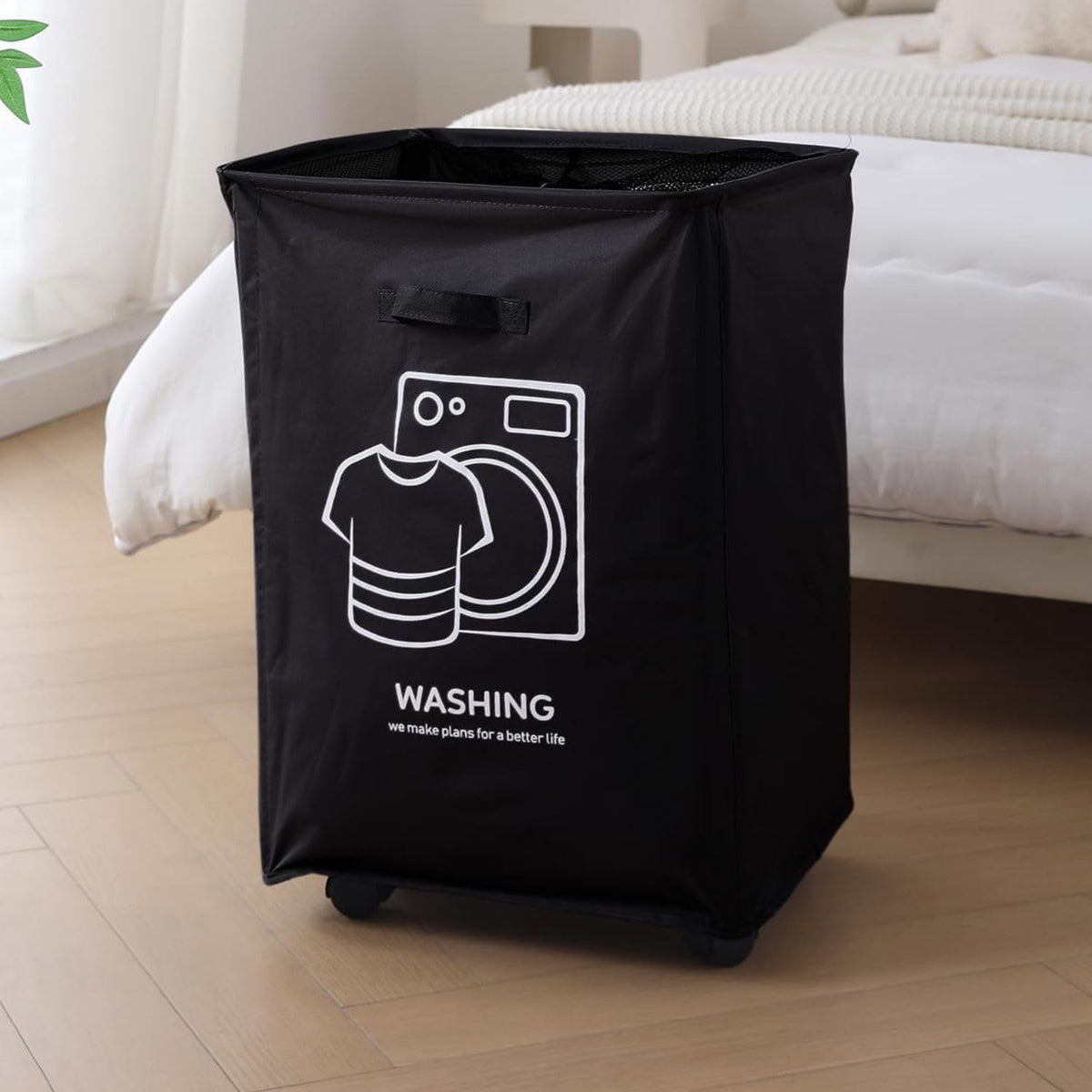 HOKIPO Laundry Basket Bag with Wheels Hamper, Black (AR5323BLK)