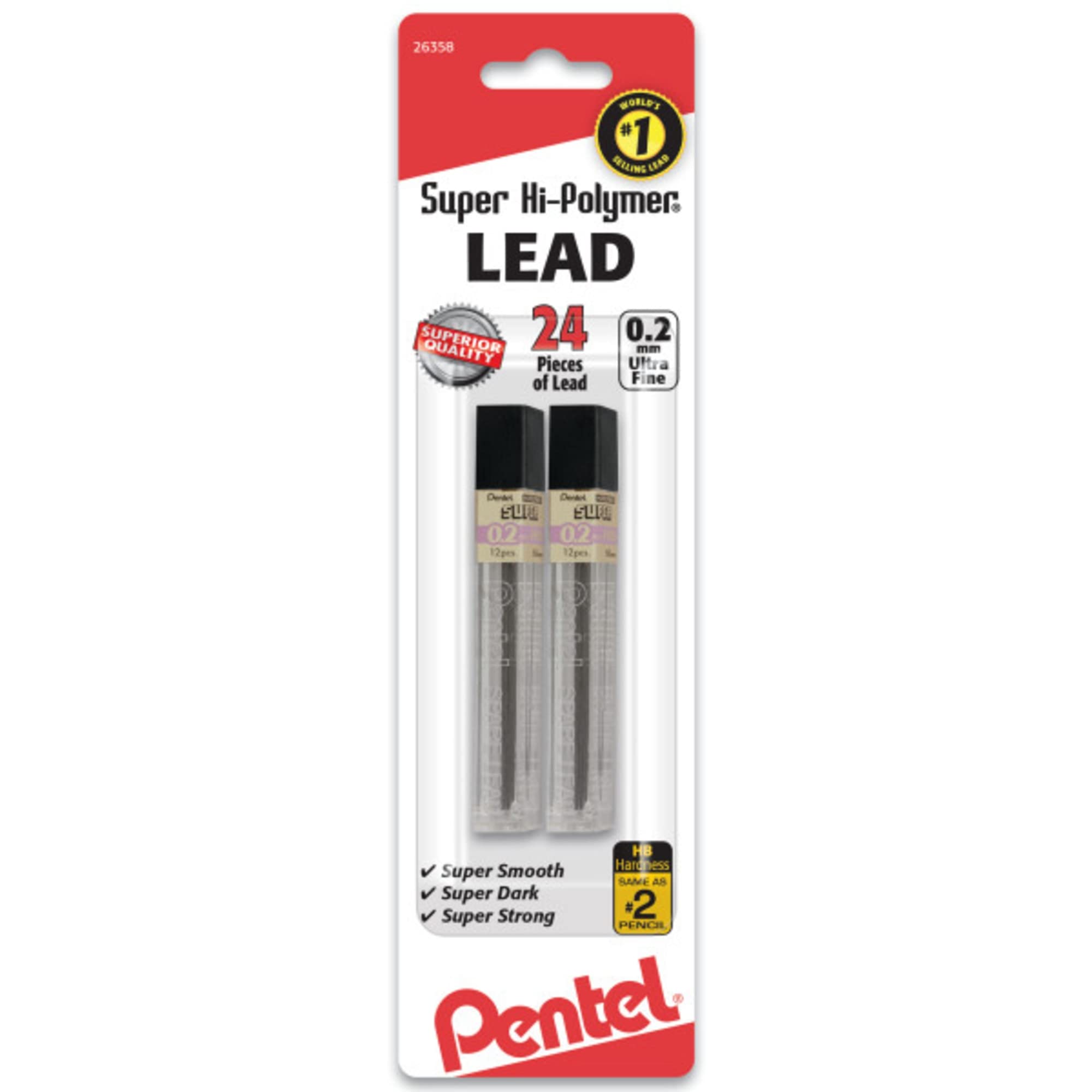 Pentel Super Hi-Polymer Leads, 0.2 Mm, Hb, 24 Leads Per Tube