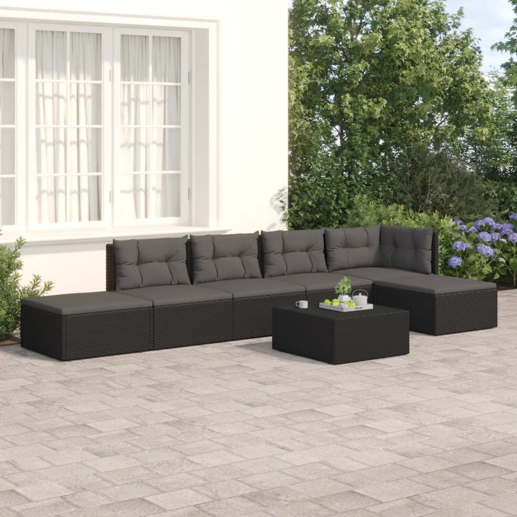 vidaXL Modern Lounge Set with Adjustable Seats - 6 Piece Black Poly Rattan Outdoor Patio Set with Cushions - Weather-Resistant, Easy-to-Clean and Durable