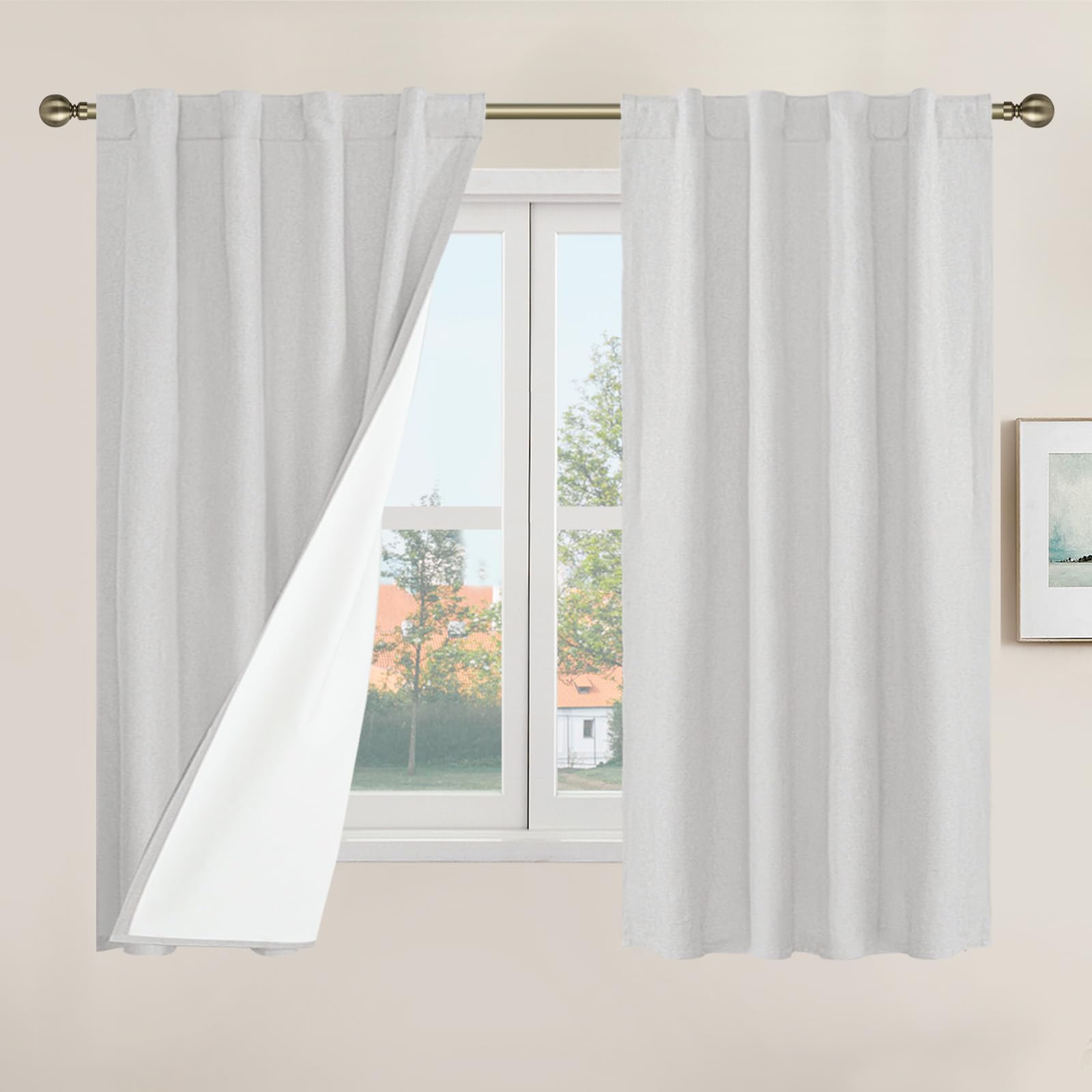 LAMIT Short Window Linen Curtains 48 Inch Length 2 Panels, 100% Blackout Linen Textured Thermal Curtains Back Tab and Rod Pocket