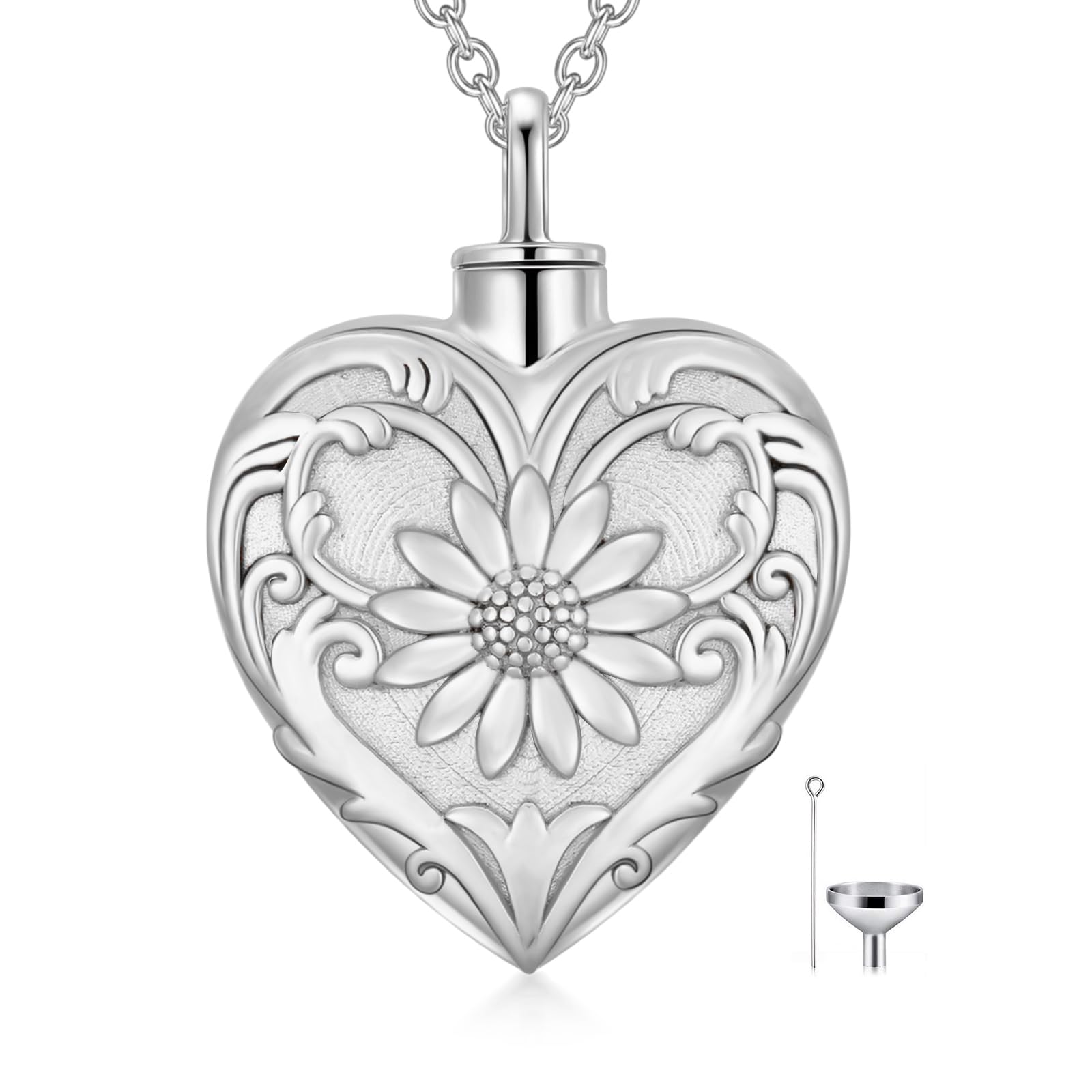 SOULMEET White Gold Filled Sunflower Cremation Jewelry for Ashes, Heart Sunflower Urn Necklace that Holds Human Dog Ashes, Putti