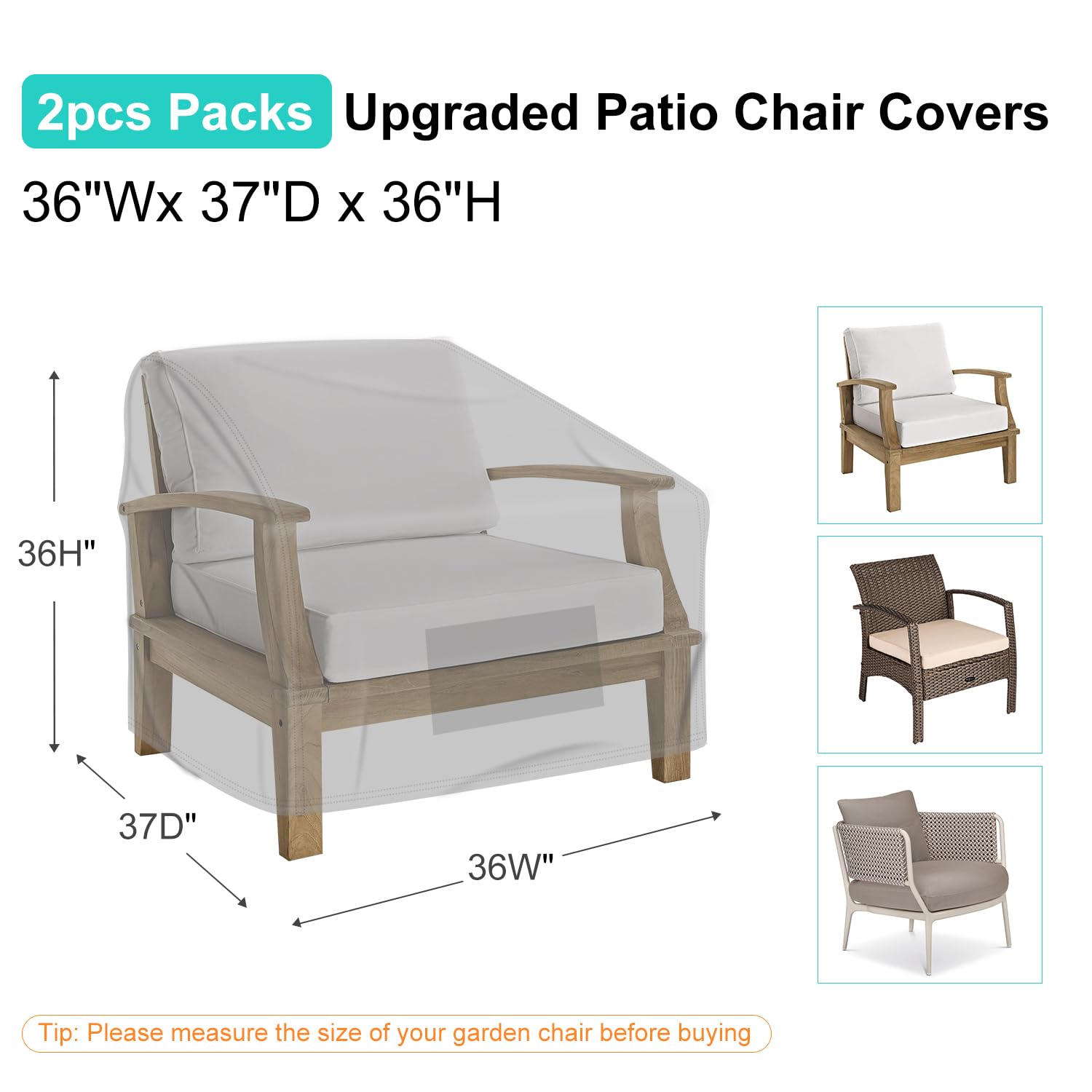 Brosyda Patio Chair Covers For Outdoor Furniture Waterproof 2 Pack, Lawn Chair Covers Heavy Duty Patio Furniture Covers, Large Covers For Lounge Lawn Deep Seat 36' W X 37' D X 36' H-Gray