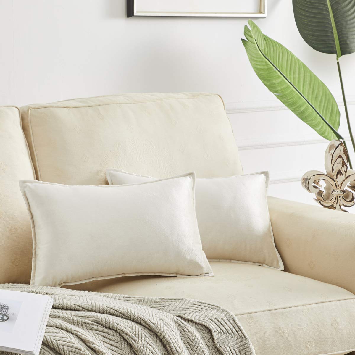 Velvet Lumbar Decorative Throw Pillow Covers,12X20 White Ivory Square Couch Sofa Pillow Covers,Pack Of 2