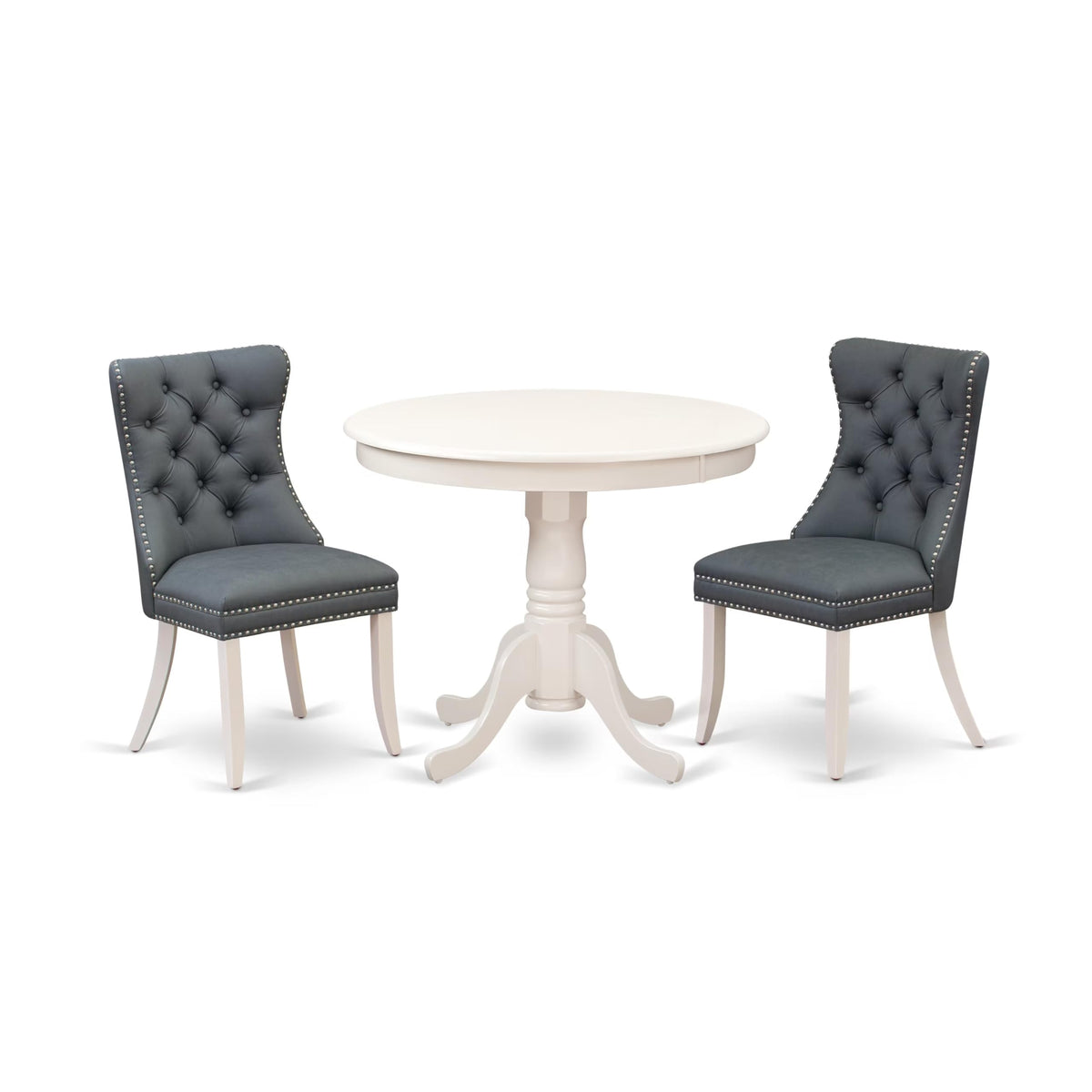 East West Furniture Anda3-Lwh-13 3 Piece Dining Set Contains A Round Kitchen Table With Pedestal And 2 Upholstered Parson Chairs, Linen White