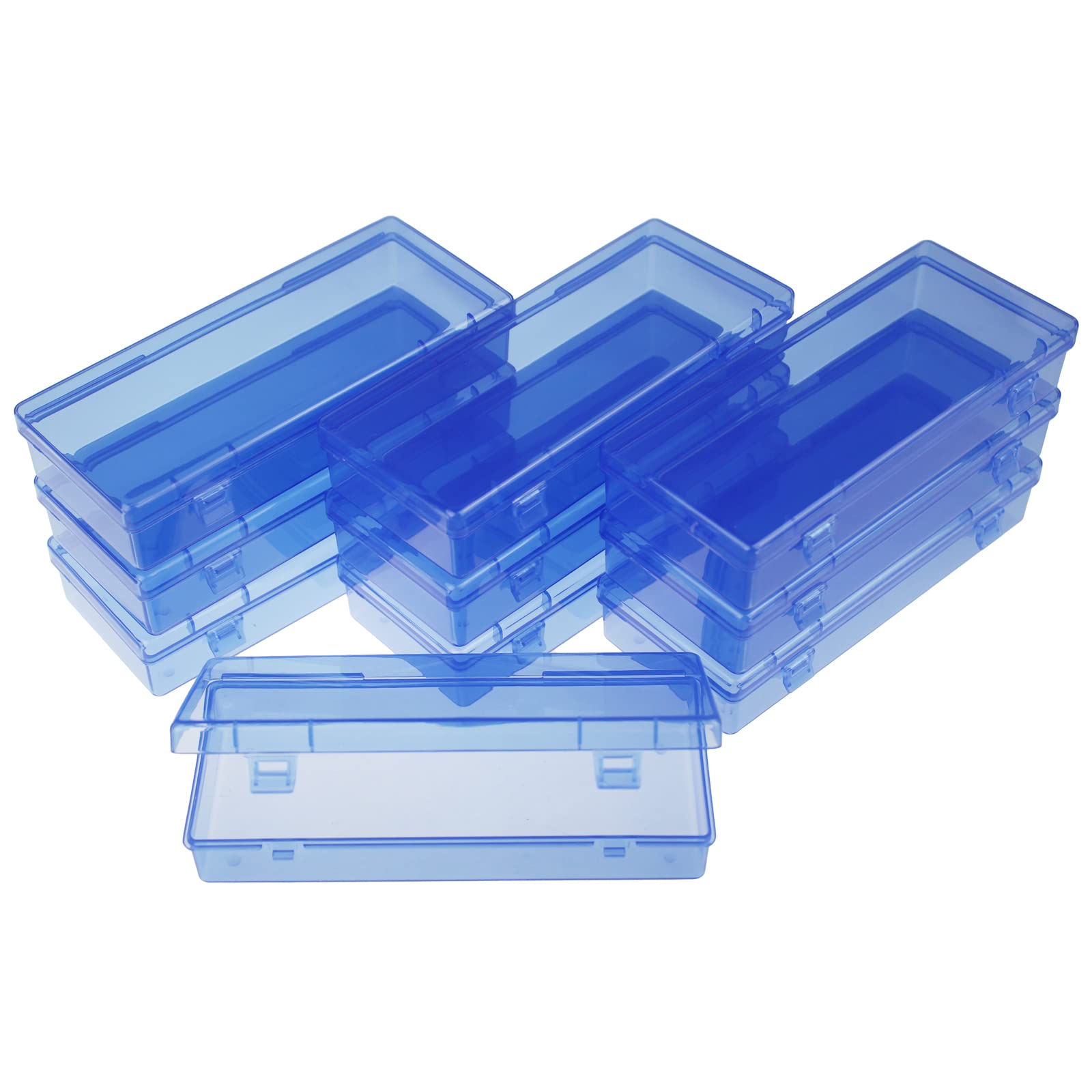 LJY 10 Pieces Rectangular Empty Mini Clear Plastic Organizer Storage Box Containers with Hinged Lids (6.1 x 2.6 x 1.2 inch, Blue