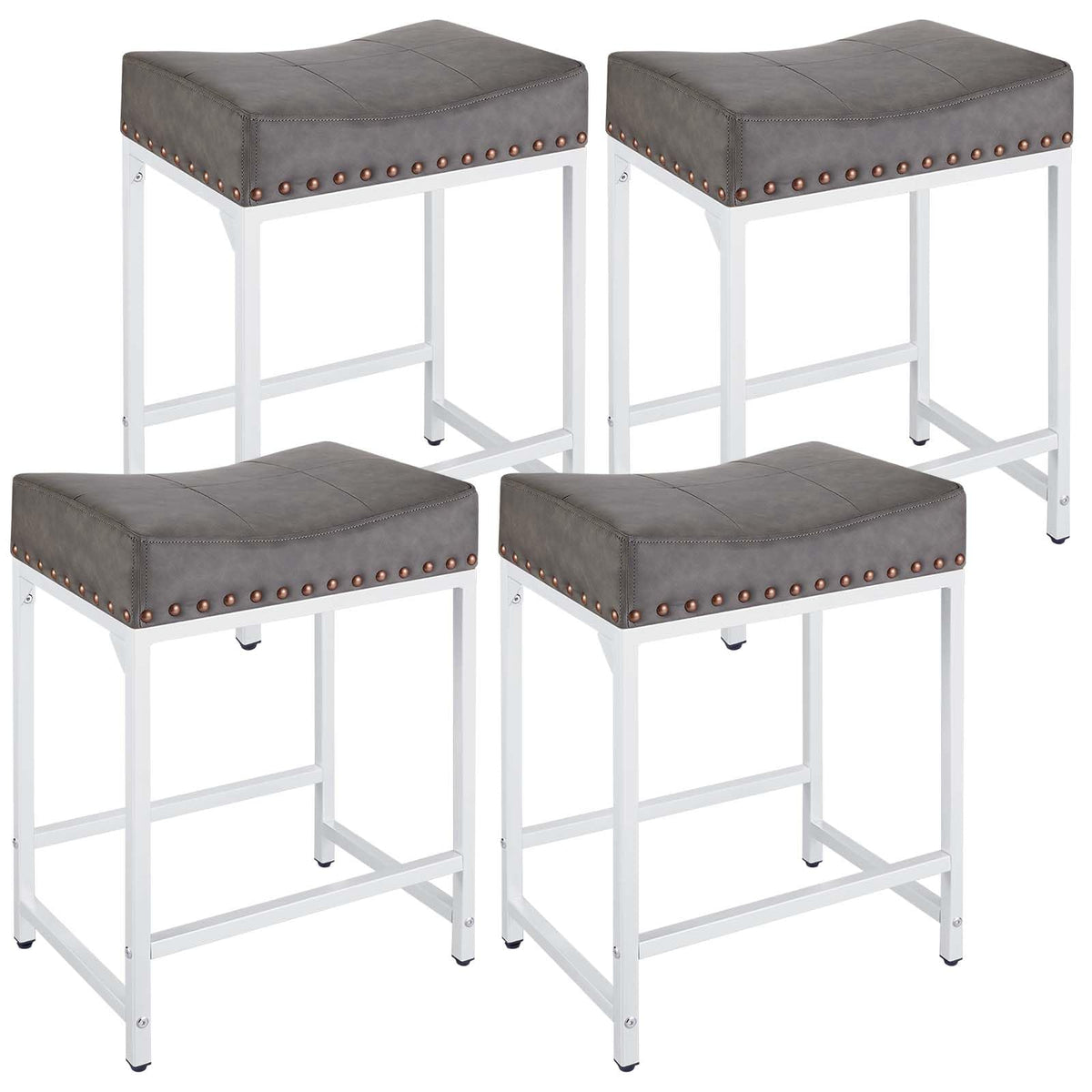 Flyzc Bar Stools Set Of 4, 24' Counter Height Bar Stools Set Of 4 With Soft Cushion And Barstools Steel Frame, Backless Saddle Counter Stools For Kitchen Counter Bar Support 300 Lbs(Grey+White