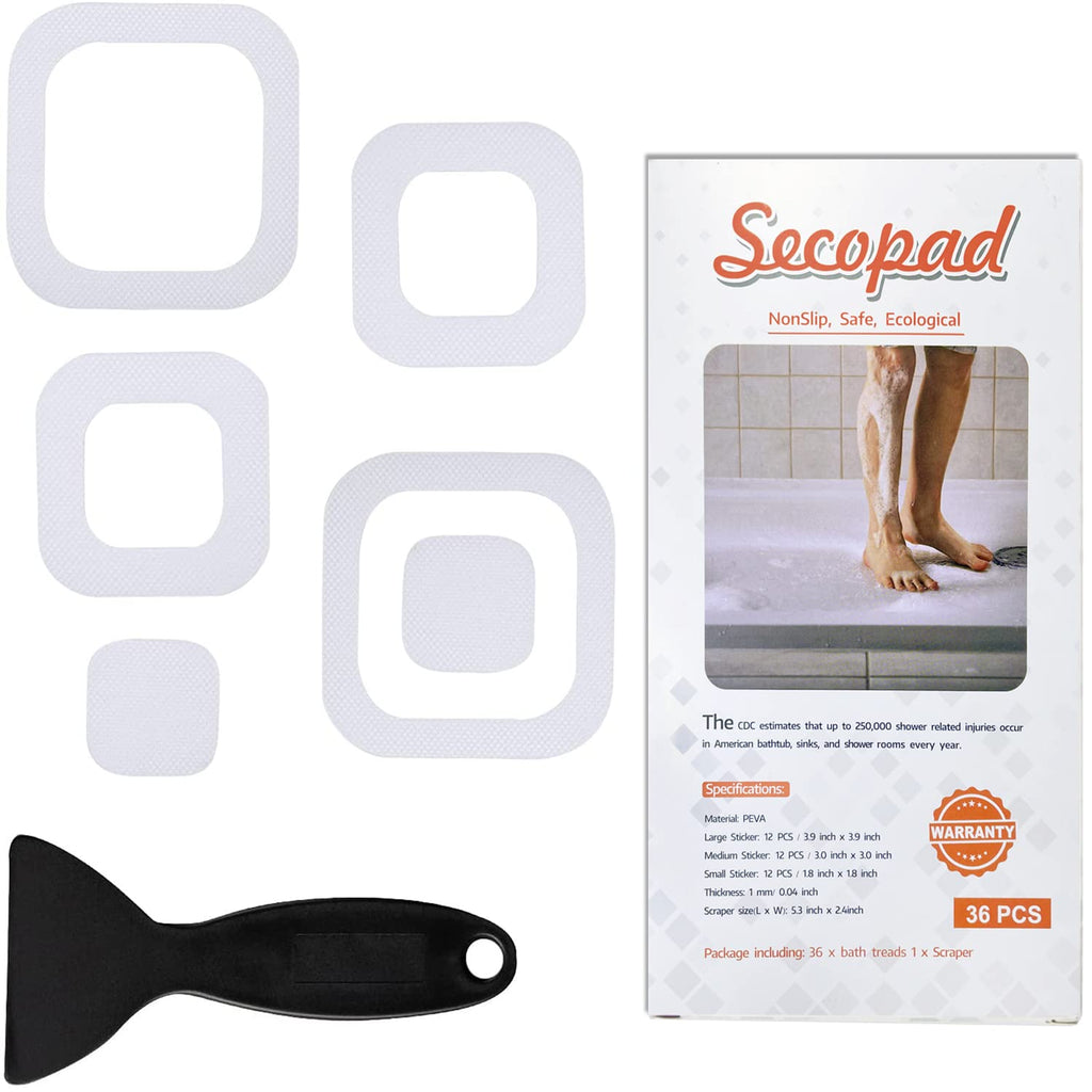 Secopad Non-Slip Bathtub Stickers, 36 PCS Safety Bathroom Tubs Showers Treads Adhesive Decals Scraper (Clear)