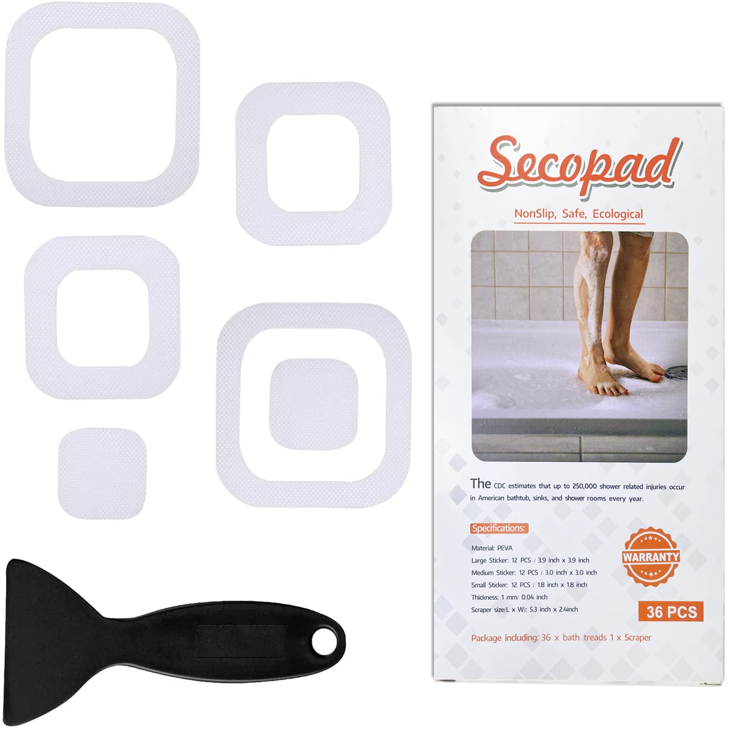 Secopad Non-Slip Bathtub Stickers, 36 PCS Safety Bathroom Tubs Showers Treads Adhesive Decals Scraper (Clear)