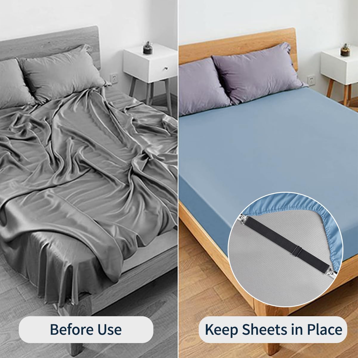 Bed Sheet Fasteners, 8 Pcs Adjustable Max Stretches To 26.8 In Holder Straps Non Slip Straps With Clips To Keep Sheets Firm & Tight, Universal & Black