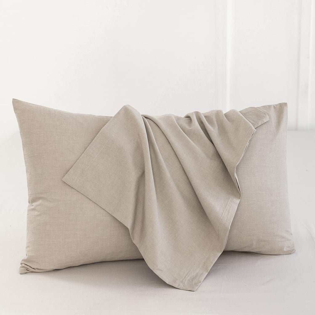 Moomee Bedding Pillowcases Pack Of 2 100% Washed Cotton Linen Like Textured Breathable Durable Soft Comfy (Tannish Linen Grey, K