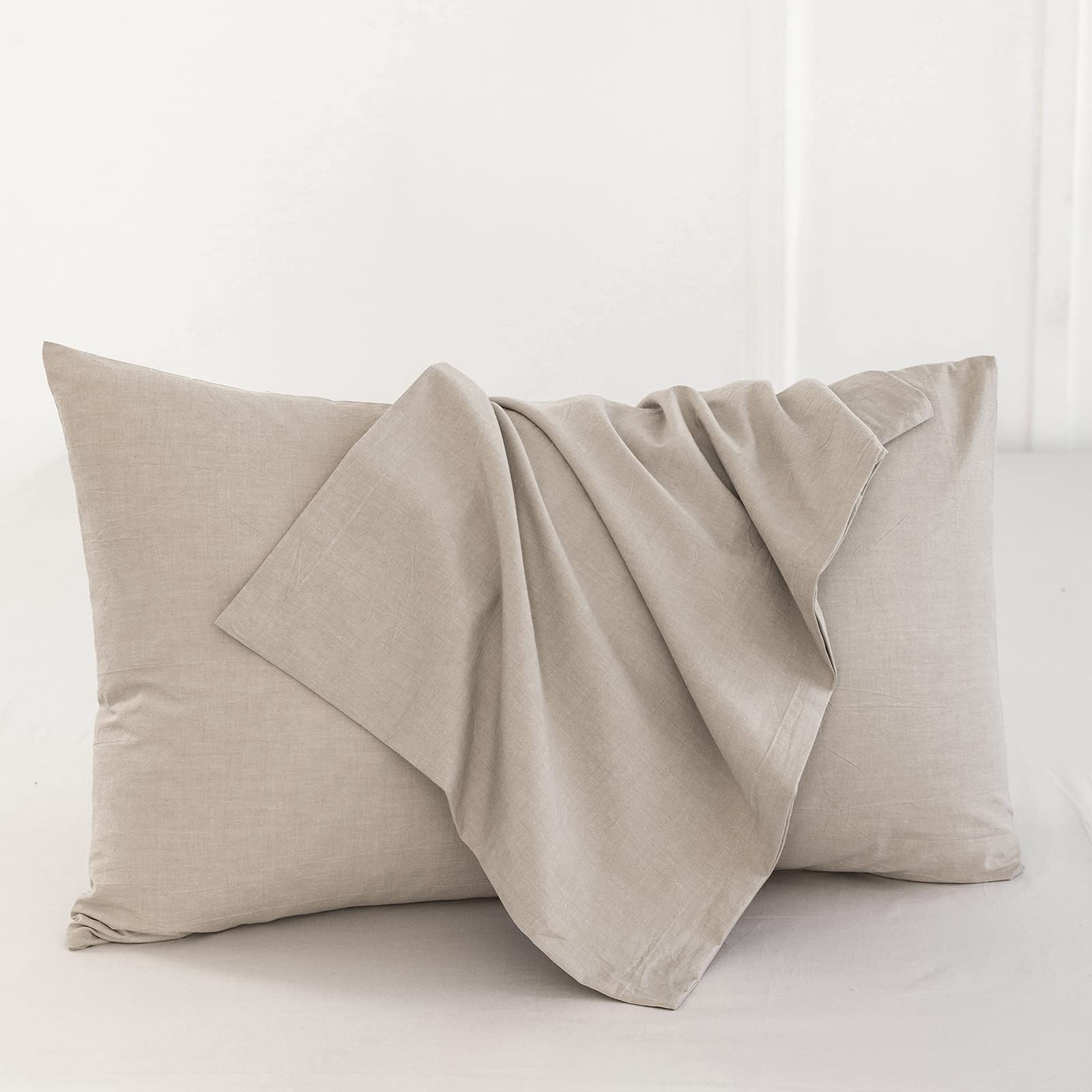 Moomee Bedding Pillowcases Pack Of 2 100% Washed Cotton Linen Like Textured Breathable Durable Soft Comfy (Tannish Linen Grey, S