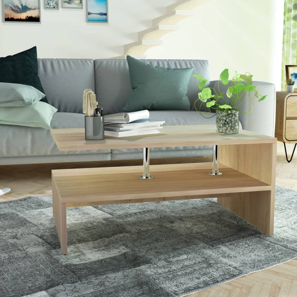 vidaXL Modern Coffee Table with Storage Space, Engineered Wood, PVC Edges, Stainless Steel Supports, Easy to Assemble, Oak Finish, 35.4x23.2x16.5