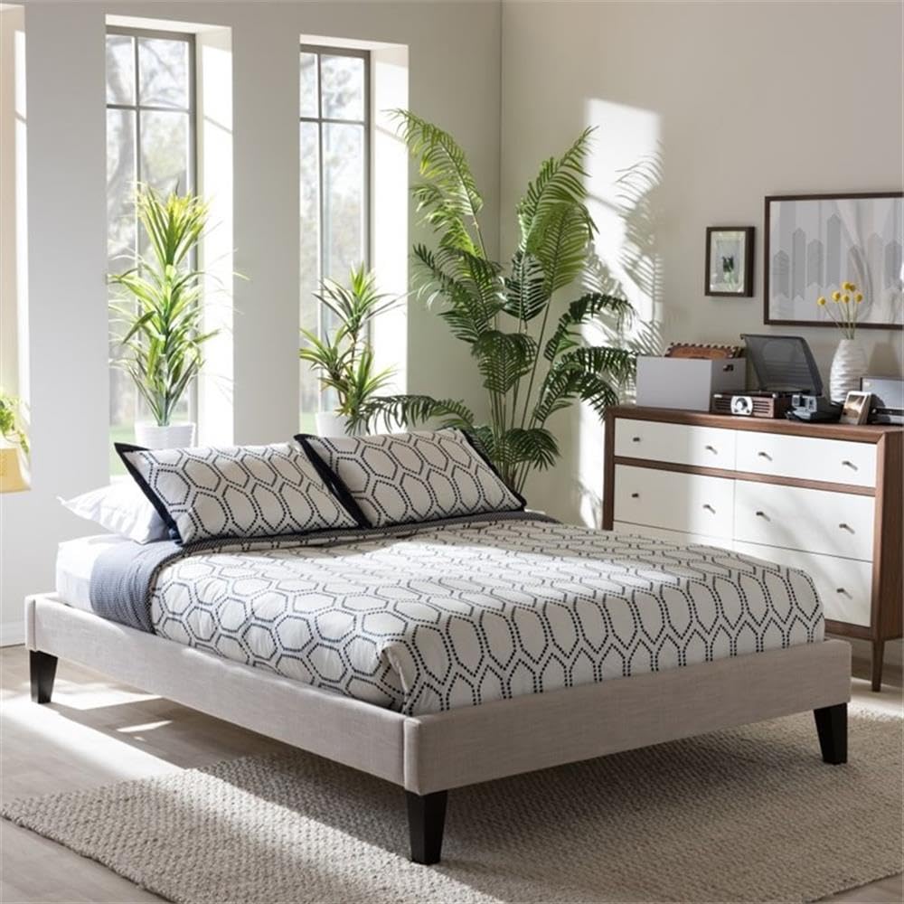 Baxton Studio Lancashire Modern and Contemporary Upholstered Bed Frame with Tapered Legs Beige/Full