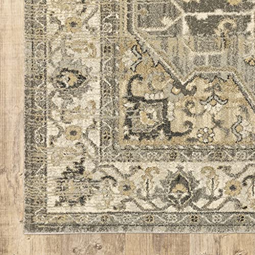 HomeRoots Polypropylene 7’ x 10’ Beige and Gray Traditional Medallion Indoor Area Rug