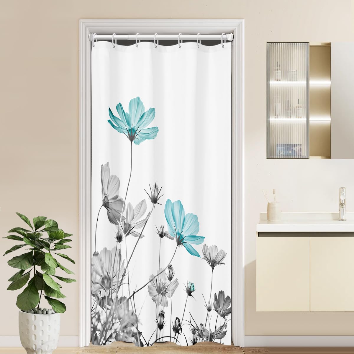Kikiry Stall Shower Curtain Small 36W x 72L Teal and Gray Floral Daisy Flower Elegant Wildflower Design Polyester Fabric Wat