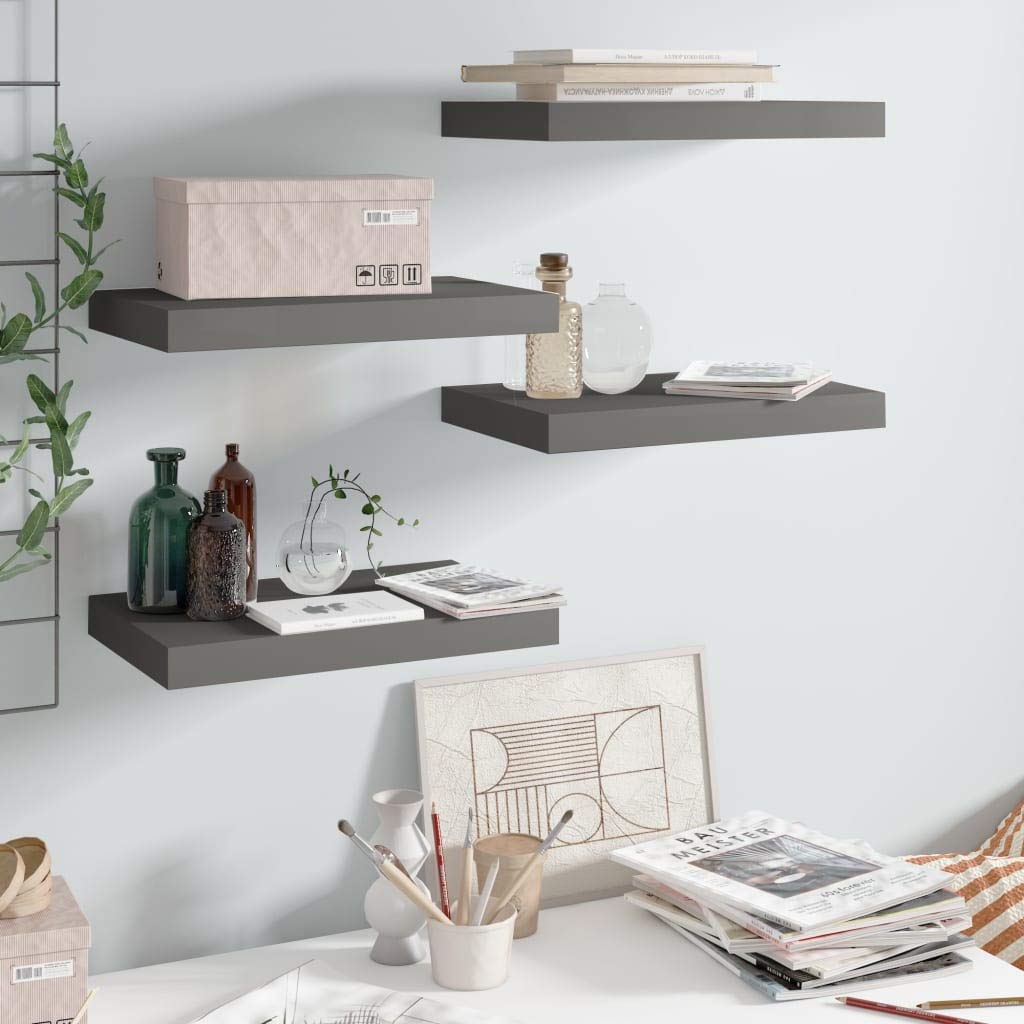 vidaXL Floating Wall Shelves Set of 4 - Modern, High Gloss Gray, Easy to Install, Durable Honeycomb MDF & Metal Frame - 15.7"x9.1"x1.5"