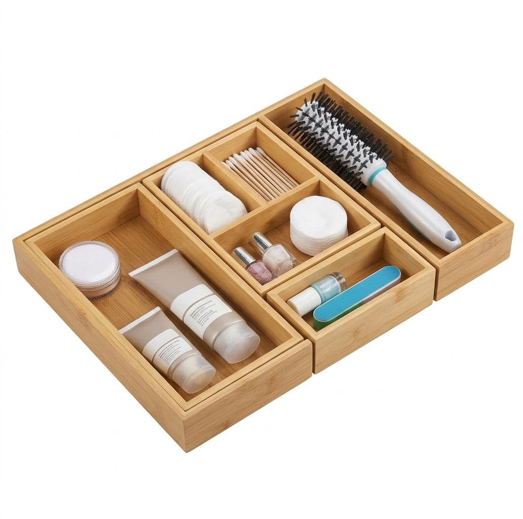 Trendivibe Bamboo Drawer Organiser Set, Waterproof Modular Bamboo Drawer Bins, EcoConscious Storage, Organizer Dividers For Des