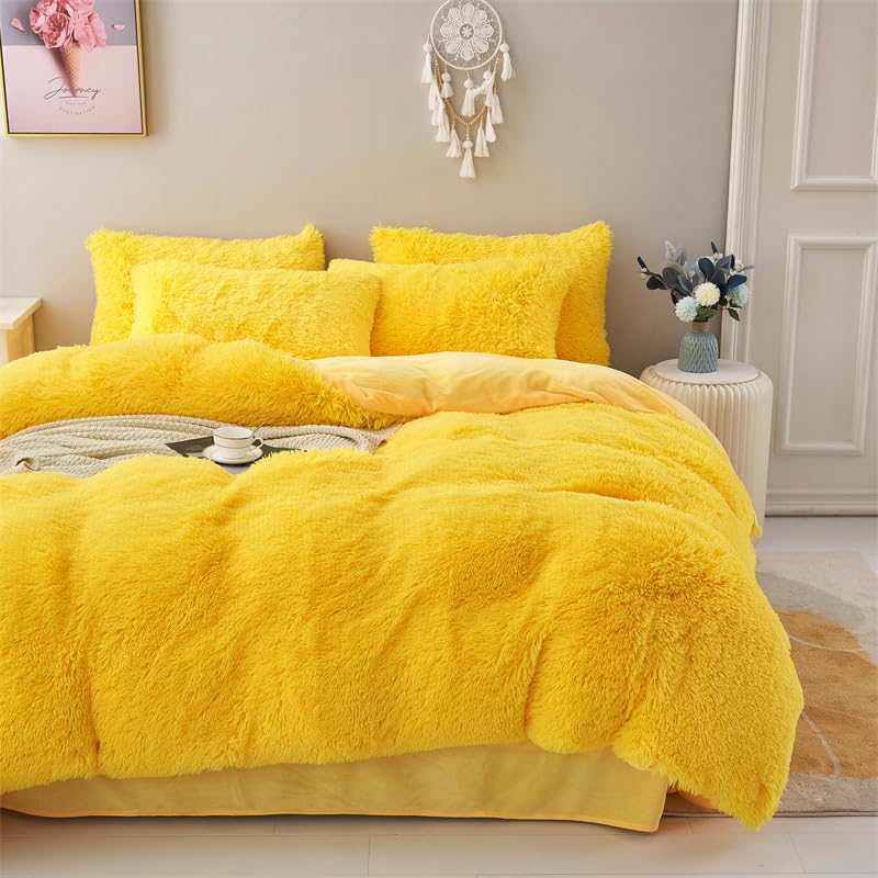 Chovy Faux Fur Plush Bright Yellow Comforter Sets Queen - Ultra Soft Shaggy Flannel Velvet Fluffy Fuzzy 3Pc Bedding Set (Comfort