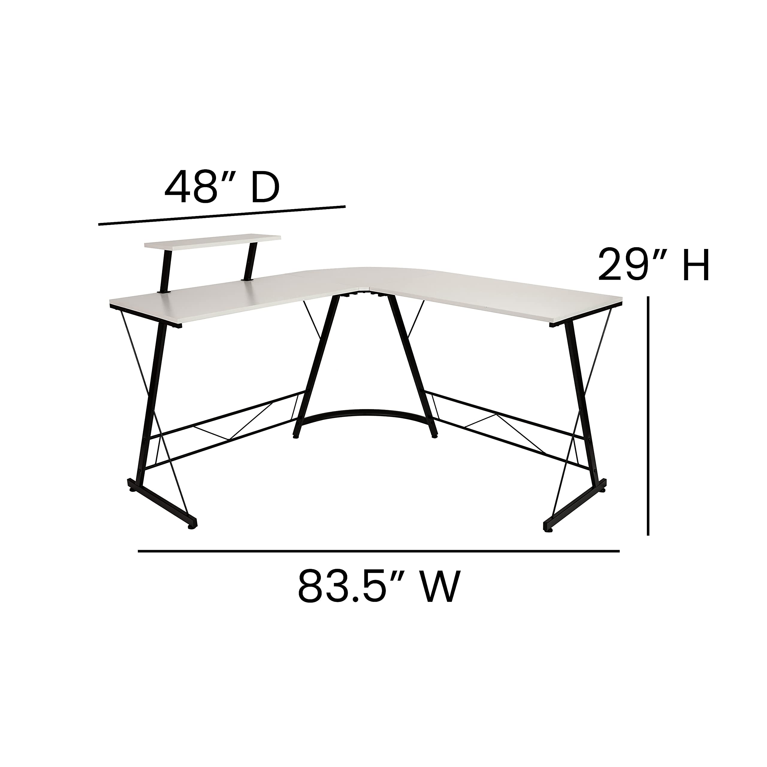 Flash Furniture Ginny Corner Desk - White/Black Space Saving L-Shaped Gaming Desk with Monitor Shelf - 71.5" 2-Tier Computer Desk, Home Office Desk, Easy Assembly