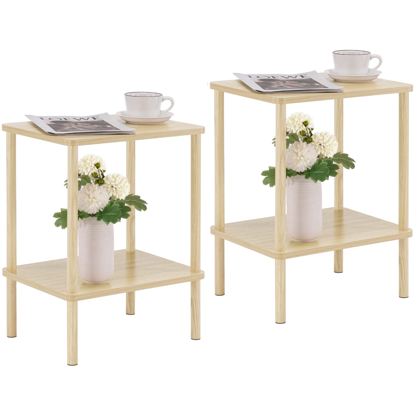 Apicizon 2 Tier End Table Set Of 2, Boho Side Table With Storage Shelf, Nightstand Bedside Table For Small Spaces, Bedroom, Living Room, Entryway, Farmhouse, Easy Assembly, Light Natural