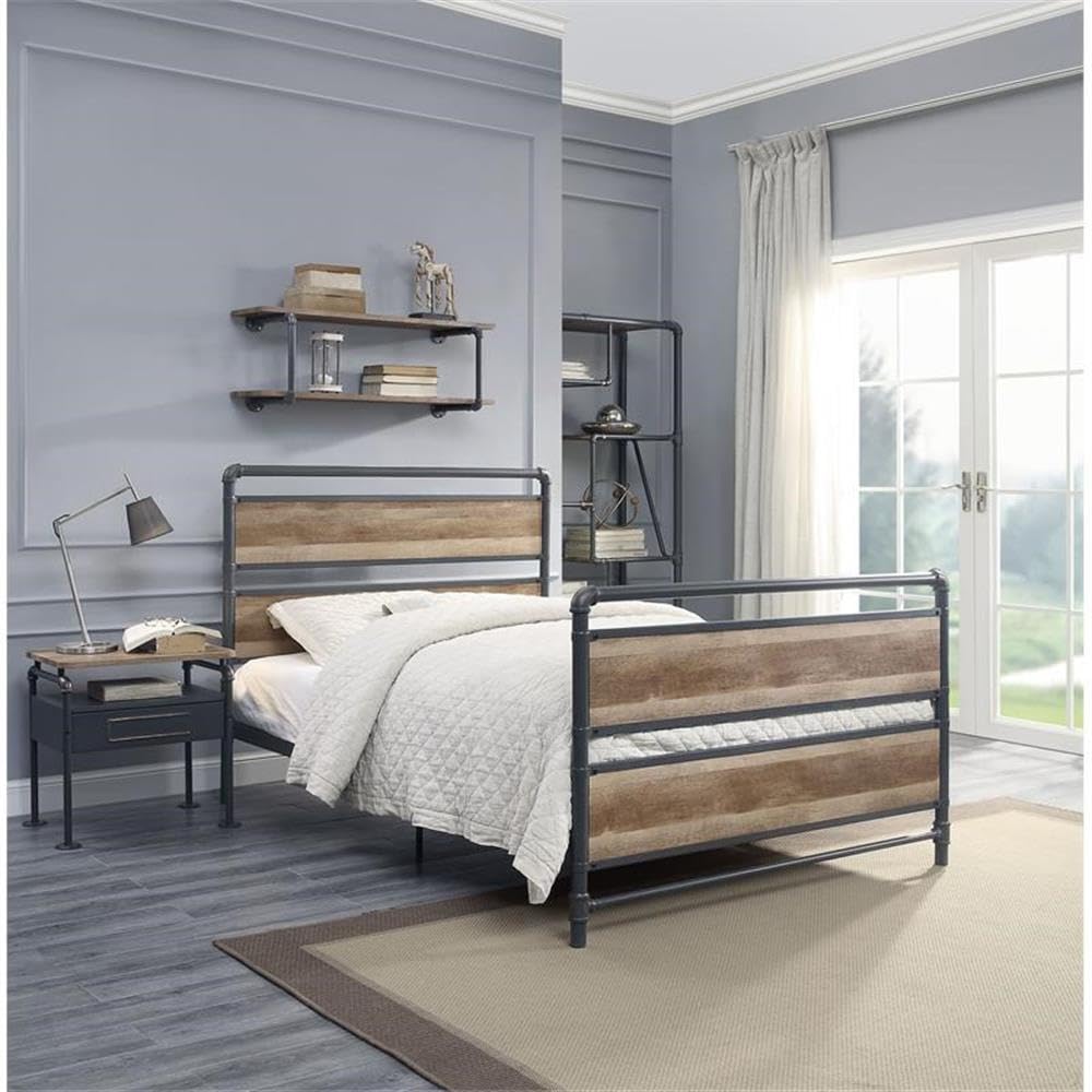 Acme Brantley Metal Full Bed with Wooden Headboard in Antique Oak and Sandy Gray