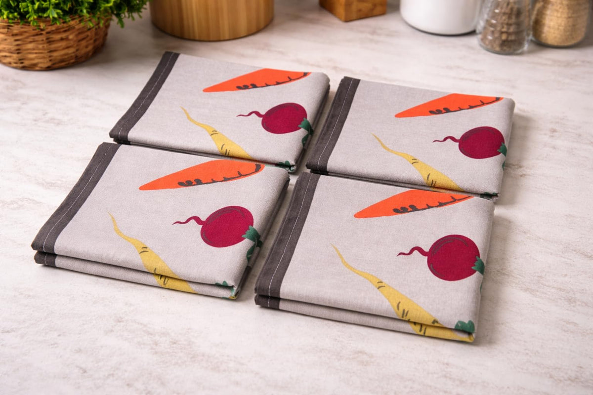 CRAZYWEAVES Cotton Hand and Lunch Towel Daily use Face Towel Pack of 4 (18 * 28) 100% Cotton Towel Set (Grey Vegetables Towel)