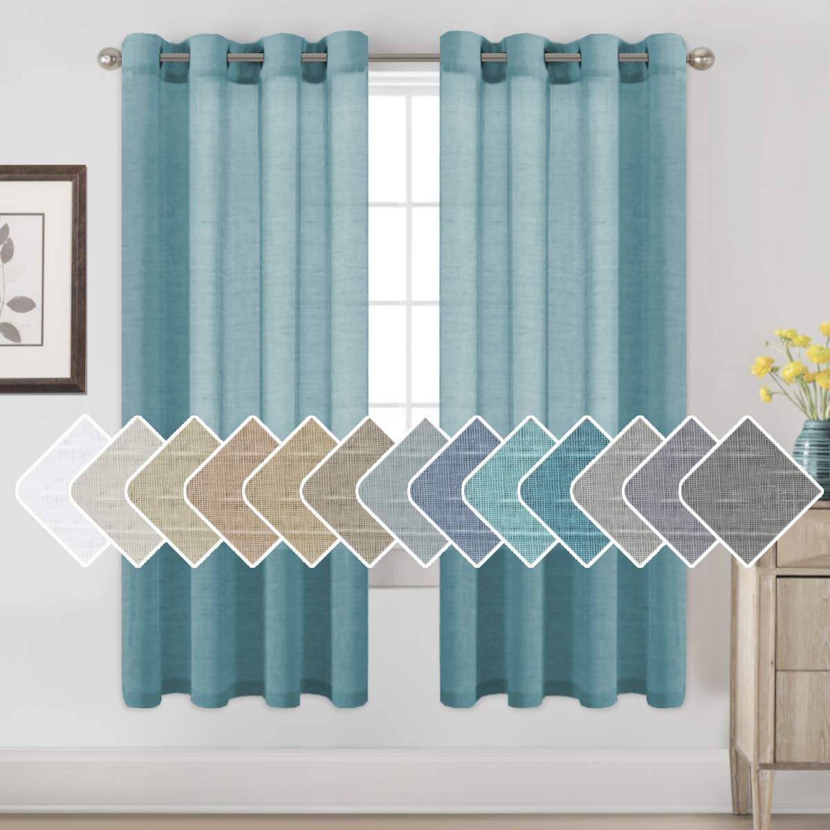 H.Versailtex Privacy Protection Home Fashion Natural Linen Rich Quality Curtain Sheers Multi Size 52X72 - Inch/Nickel Grommet Top Linen Curtain Panels Indoor Curtains (Set Of 2, Turquoise)