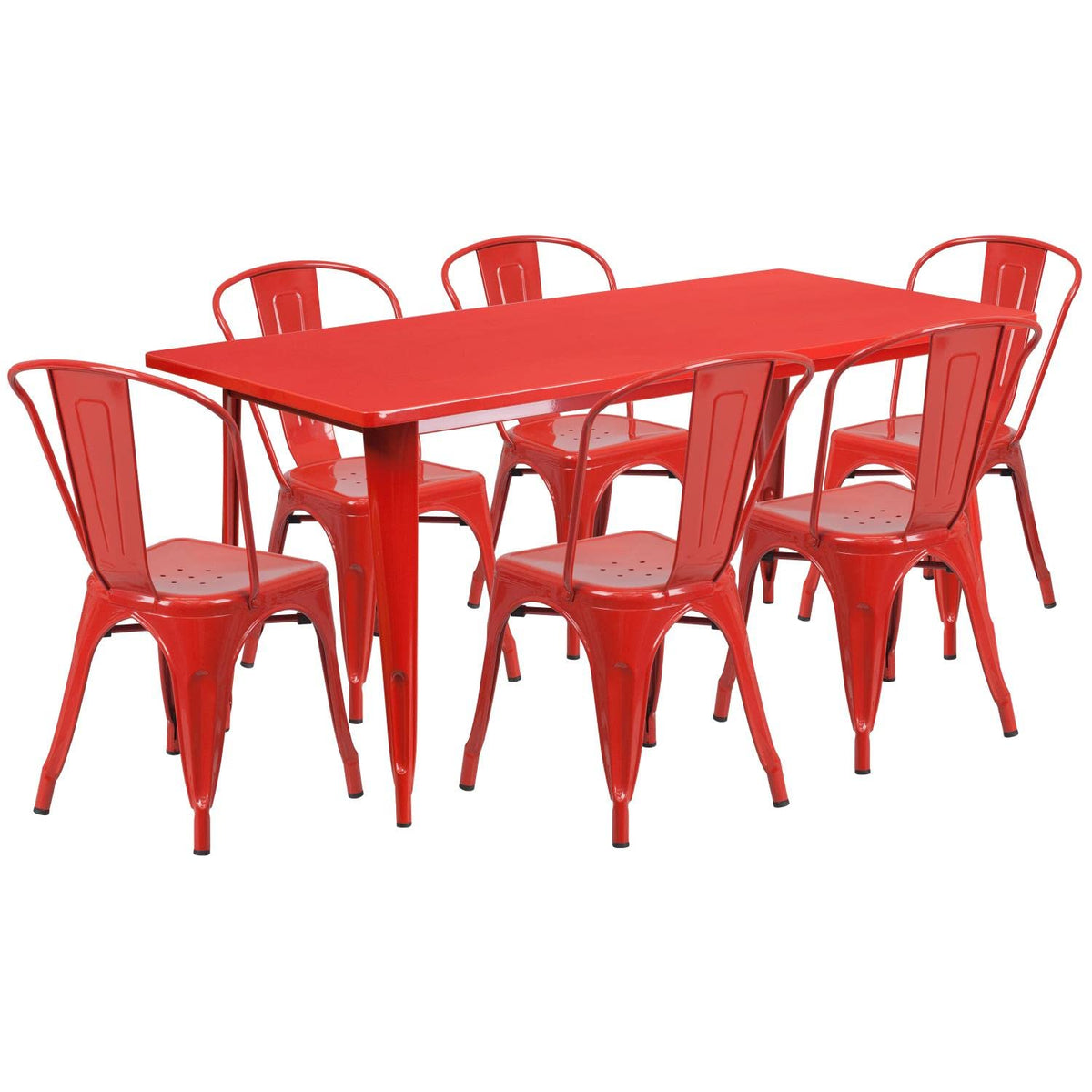 Flash Furniture Commercial Grade 31.5&quot; x 63&quot; Rectangular Red Metal Indoor-Outdoor Table Set with 6 Stack Chairs