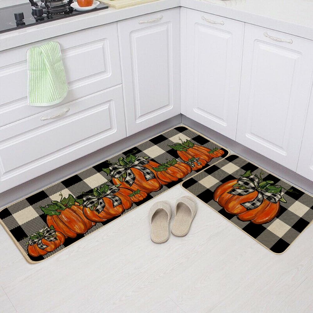Geeory Fall Kitchen Mats Set Of 2, Buffalo Plaid Pumpkins Bowknot Floor Mat Farmhouse Seasonal Holiday Thanksgiving Decorations