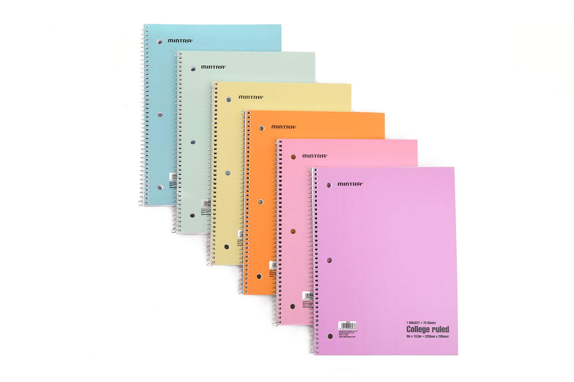 Mintra Office Spiral Notebooks - Pastel, College Ruled, 6 Pack, For School, Office, Business, Professional,70 Sheets