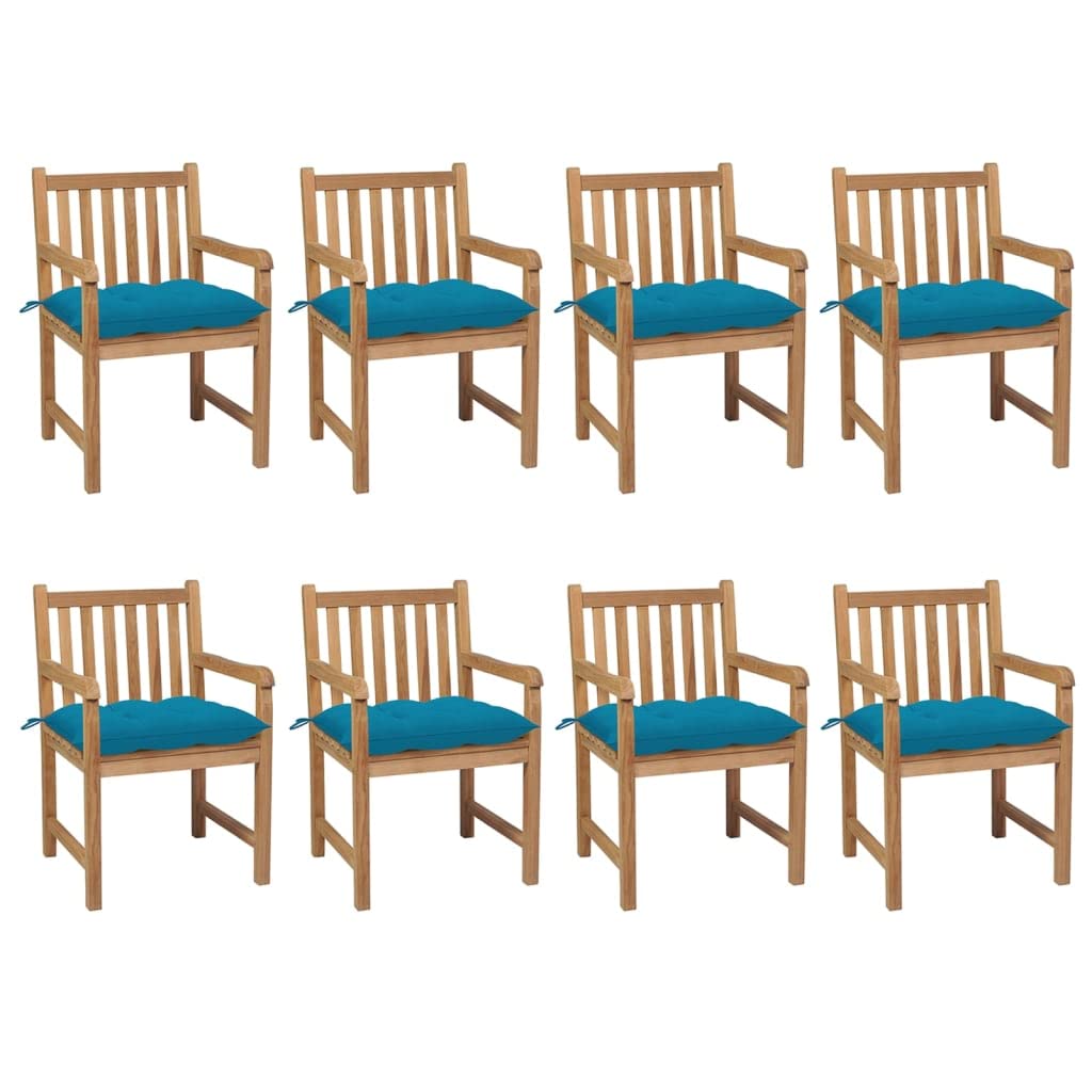 Vidaxl 8X Solid Teak Wood Patio Chairs Garden Outdoor Terrance Backyard Furniture Wooden Armchair Seating Chair Seat With Light Blue Cushions