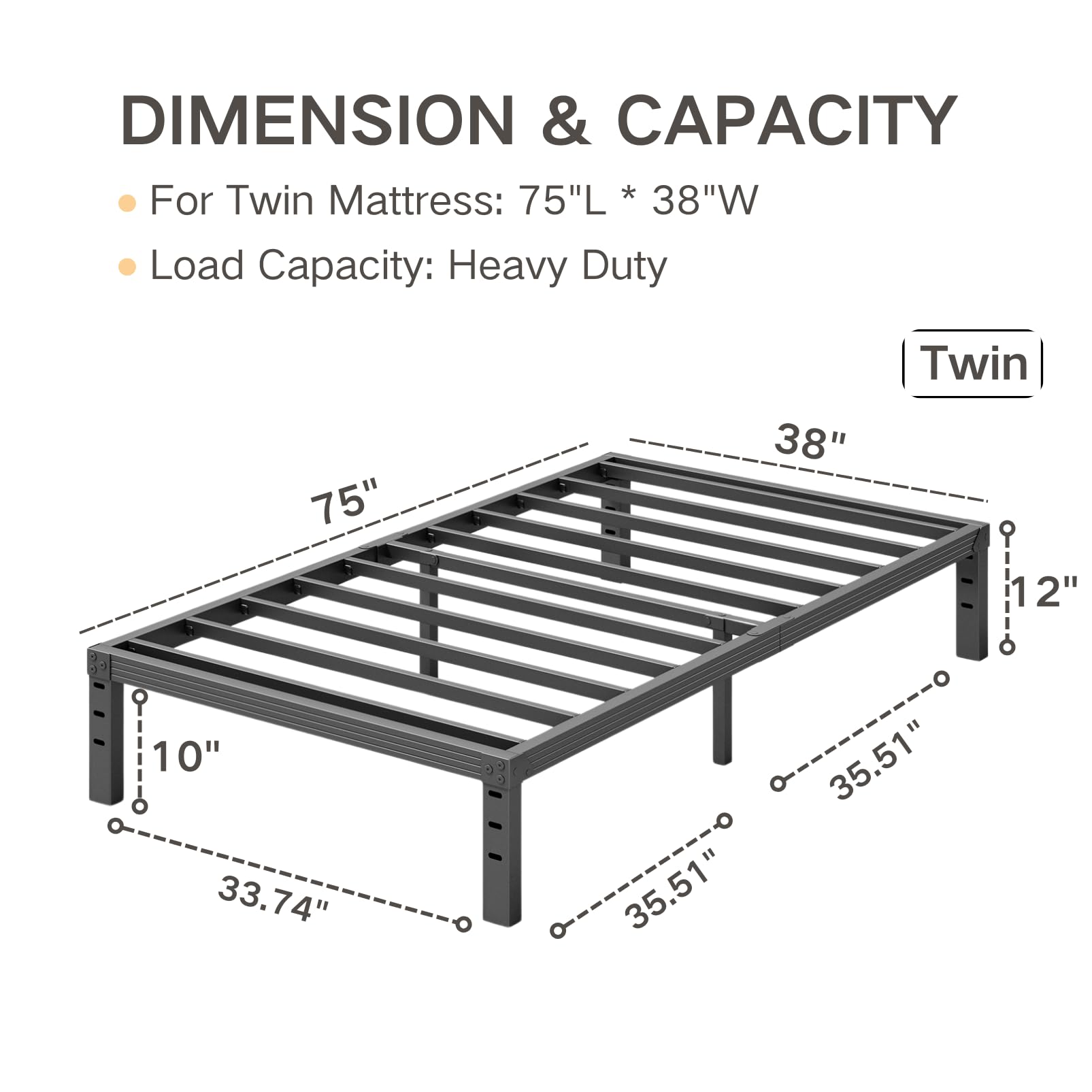 Comasach Twin Size Bed Frame 12' High Heavy Duty Platform Bed Frame,Sturdy Steel Frame,No Box Spring Needed,Noise-Free,Easy Assembly
