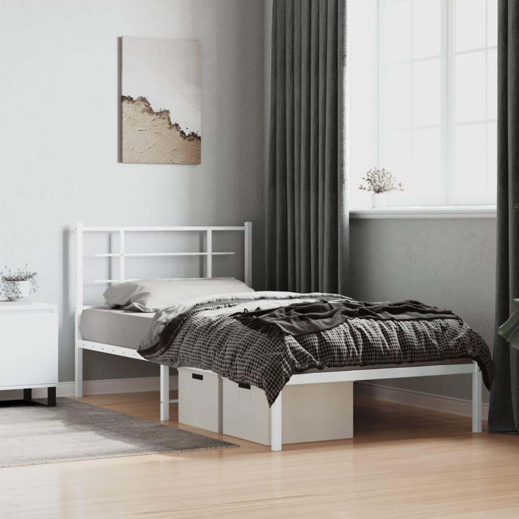vidaXL Single Bed Frame - White Metal with Elegant Headboard, Supportive Slats, Under-Bed Storage Space - 39.4x78.7 Compatible