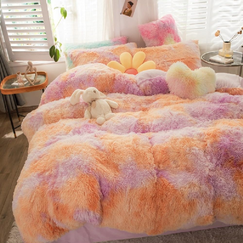 SUCSES Plush Shaggy Duvet Cover Set for Girls, 3 Pcs Fluffy Full Size Bedding Sets, Faux Fur Tie Dye Teen Girl Bed Set, Colorful