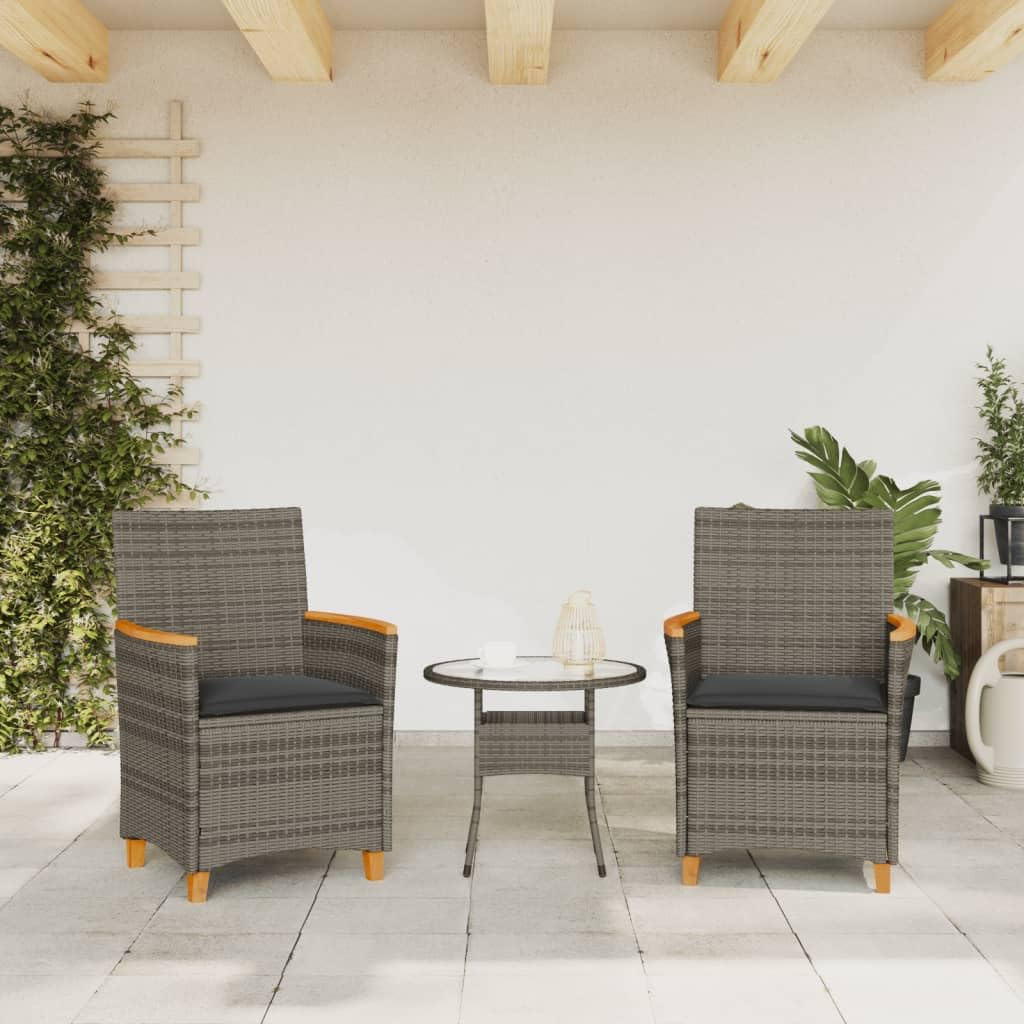 vidaXL Patio Chairs with Cushions - Gray Poly Rattan & Wood - Set of 2