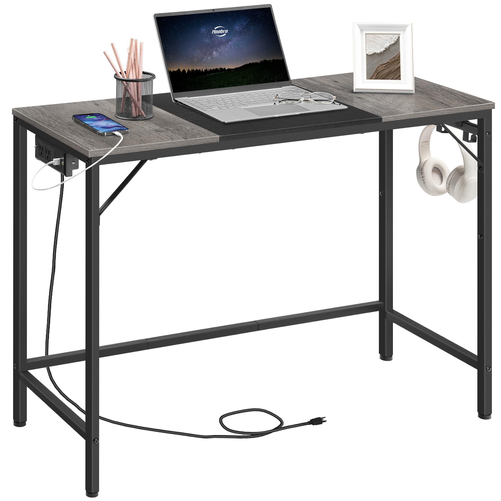 Hoobro Computer Desk, Home Office Desk With Power Outlet, Modern Study Writing Desk With 3 Hooks For Study Room, Home Office, Sturdy And Stable, Easy To Assemble, Charcoal Gray And Black Bc41Udn01