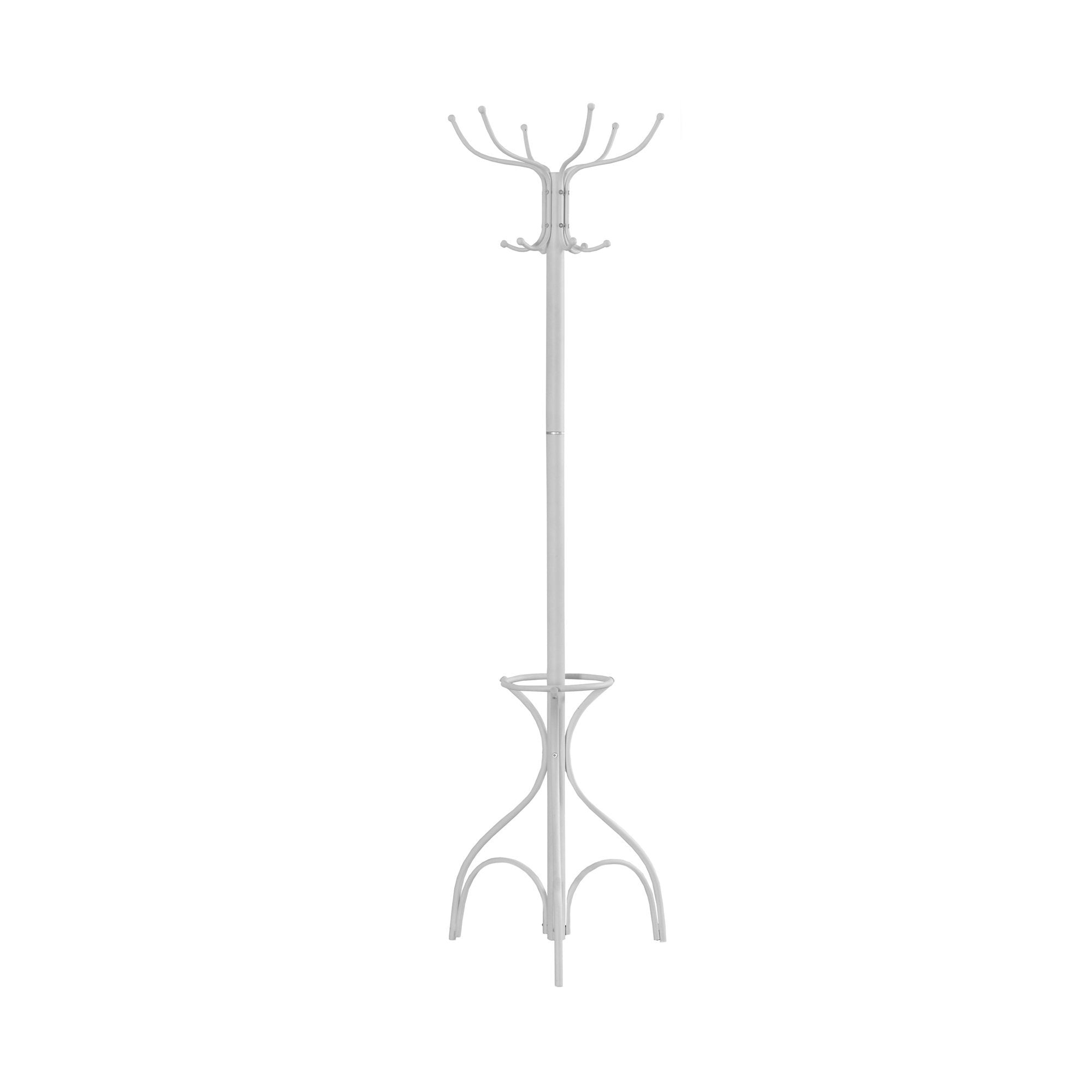 Monarch Specialties 2030, Hall Tree, Free Standing, 12 Hooks, Entryway, Umbrella Holder, Bedroom, Metal, White, Contemporary, Modern Coat Rack, 18" L x 18" W x 70" H