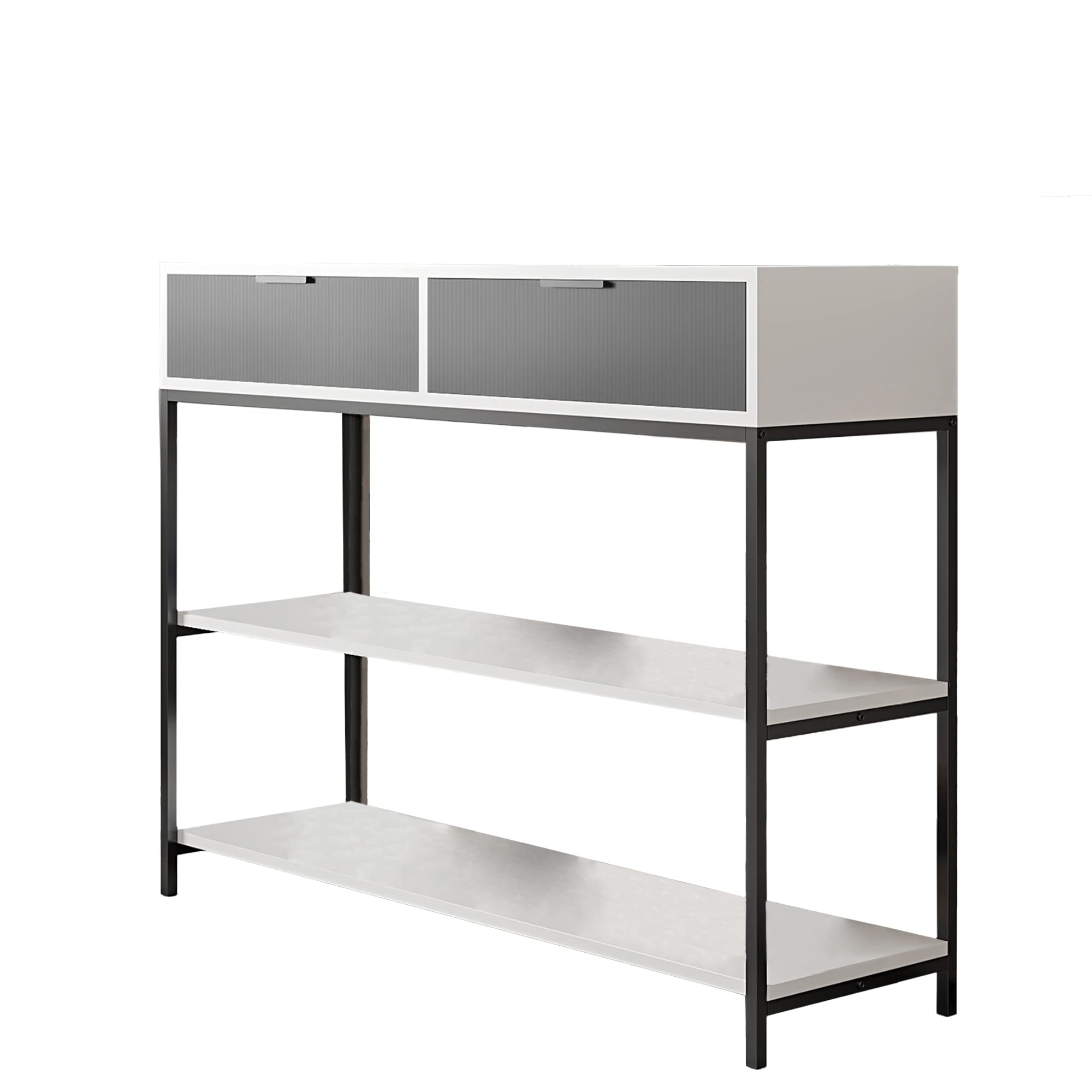 Lilola Home Louie White and Gray Wood Console Table Steel Frame with Shelves and Drawers