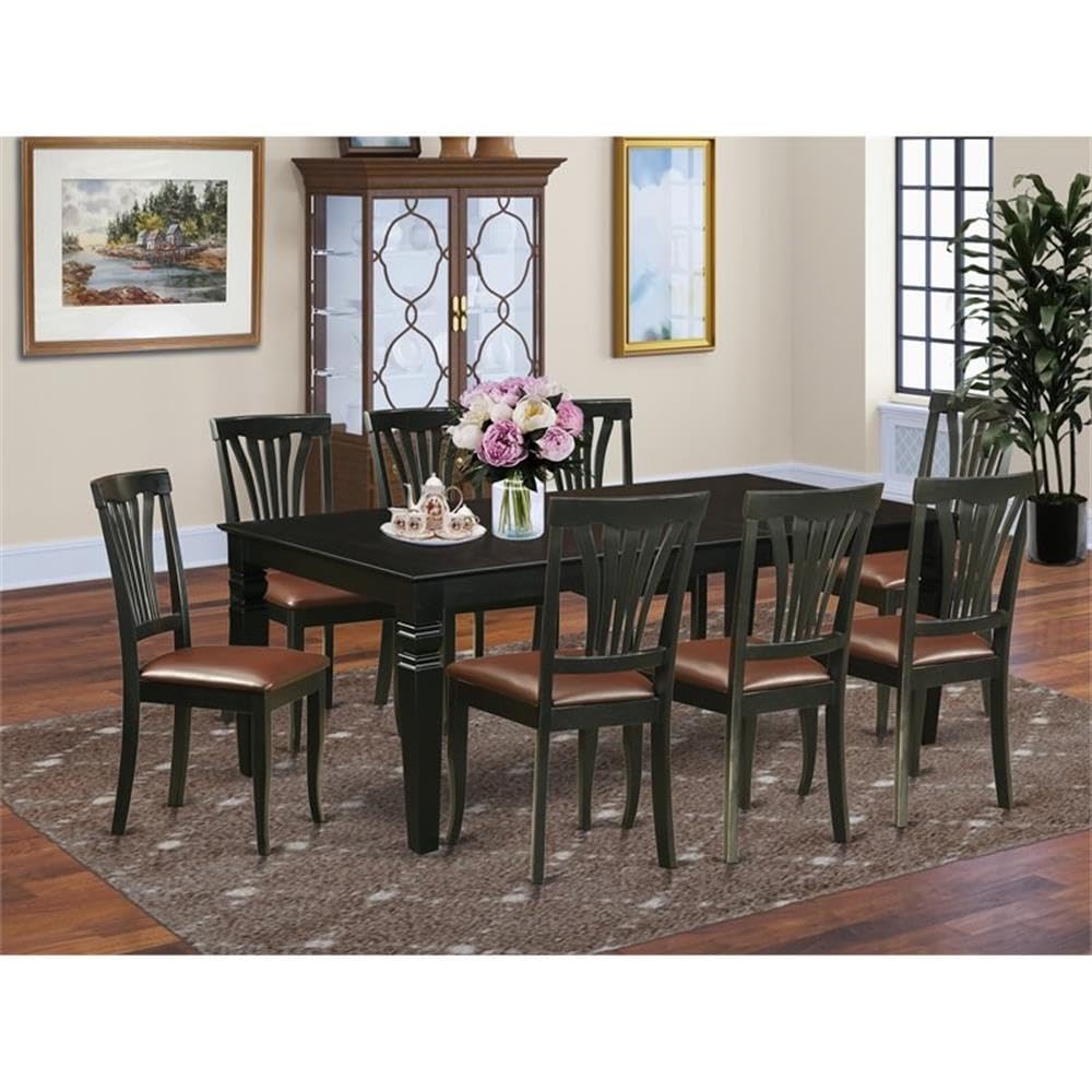 East West Furniture LGAV9-BLK-LC 9 Piece Dining Set Includes a Rectangle Dining Room Table with Butterfly Leaf and 8 Faux Leather Upholstered Chairs, 42x84 Inch, Black
