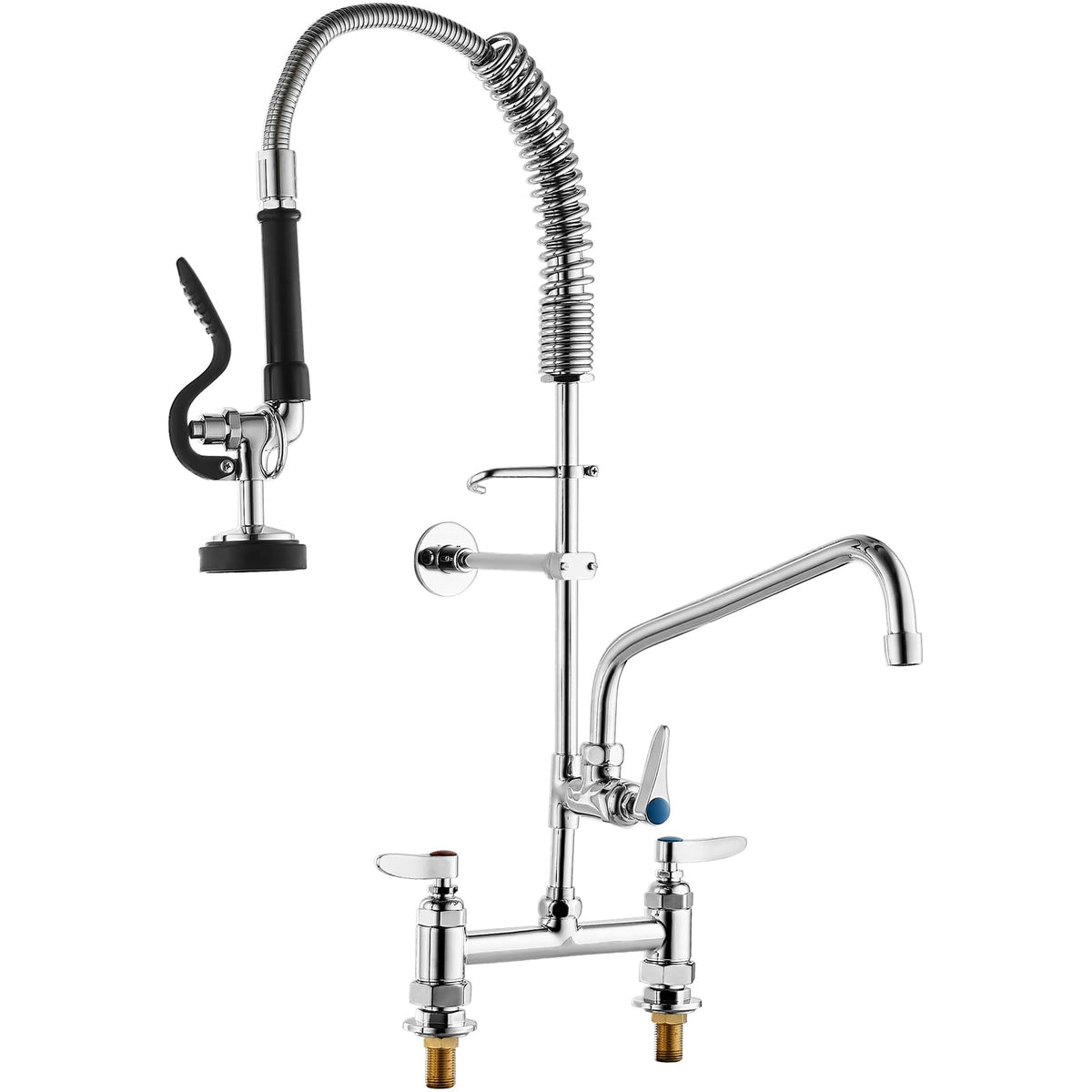 VEVOR Commercial Faucet with Pre-Rinse Sprayer, 26'' Height, 8'' Center, 12'' Swing Spout, Deck Mount Kitchen Sink Faucet, Brass