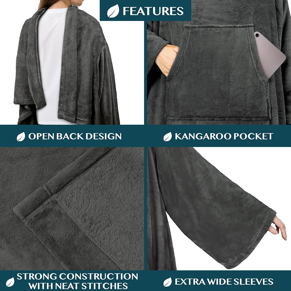 Pavilia Grey Fleece Wearable Blanket With Sleeves For Adults Women Men, Soft Warm Full Body Wrap Throw, Sweatshirt Pocket, Cozy