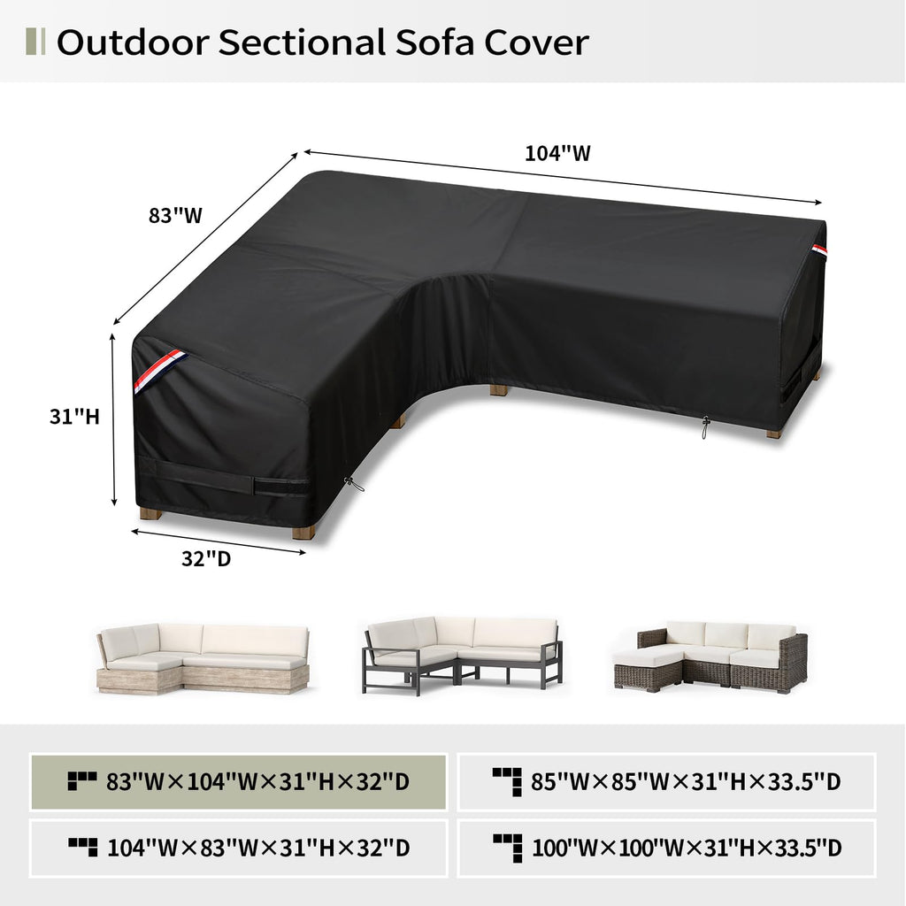 Kylinlucky Patio Sectional Sofa Cover L-Shaped,83'X 104' Waterproof Outdoor Sectional Couch Cover Black