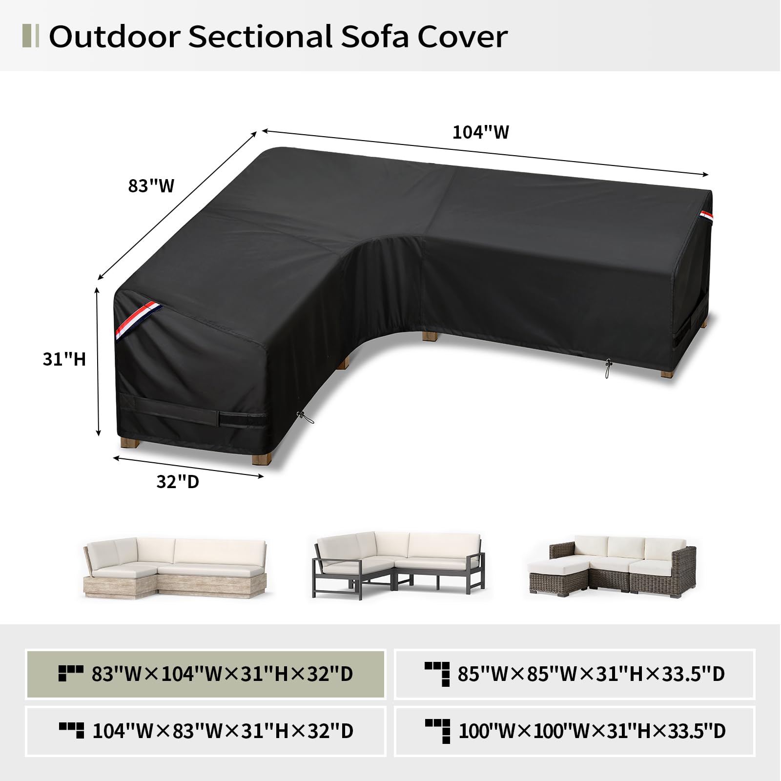 Kylinlucky Patio Sectional Sofa Cover L-Shaped,83'X 104' Waterproof Outdoor Sectional Couch Cover Black