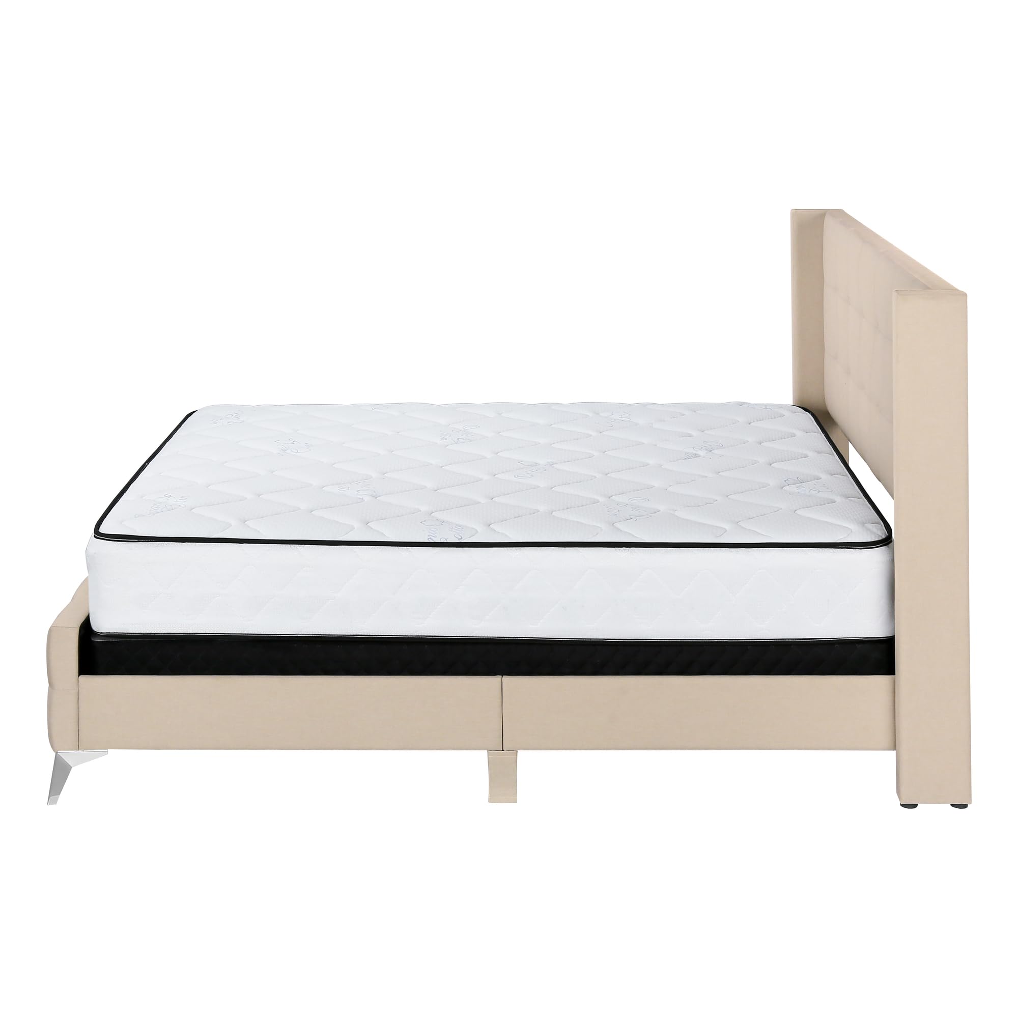 Monarch Specialties I 6041Q Bed, Frame, Platform, Bedroom, Queen Size, Upholstered, Linen Look Fabric, Metal Legs, Beige, Chrome, Contemporary, Modern