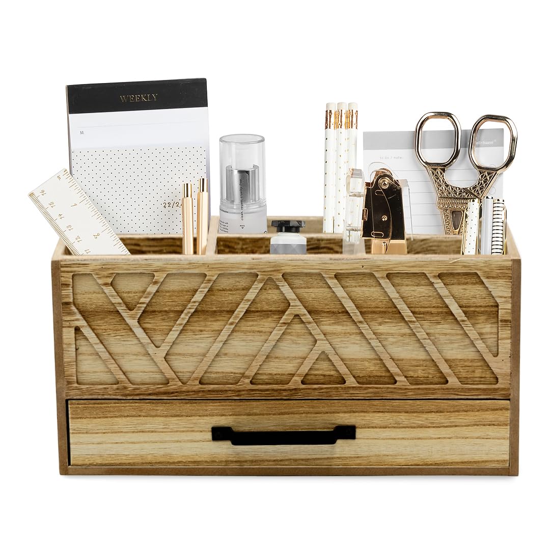 Blu Monaco Natural Wood Desktop Pen Organizer With Drawer - Stylish And Versatile Pen Holder And Stationery Organizer For Office