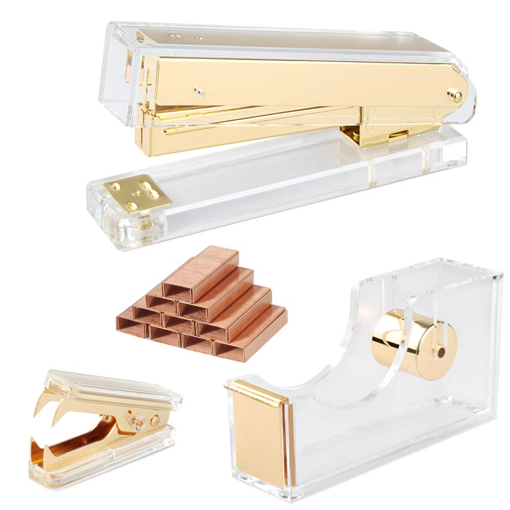 Gold Acrylic Stapler Set Desk Accessory & Decoration Kit For Gift, Clear Stapler With 1000 Pcs Staples And Staple Remover, Tape
