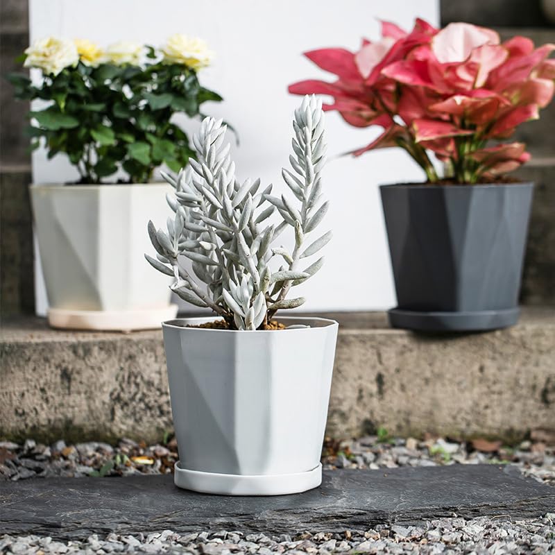 Holtphili Plant Pots 3 Pcs 5' Planters With Drainage Hole And Saucer, Indoor Flower Pot For Home Garden Flowers Plants, White
